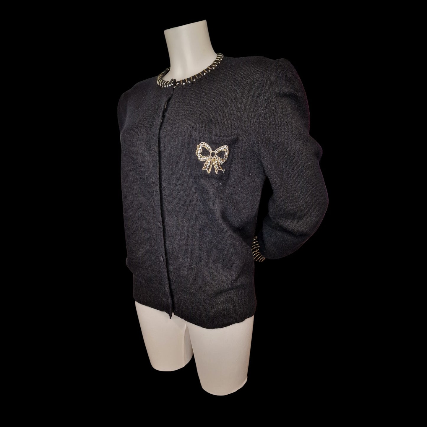 80er Vintage Strickjacke Schwarz mit Schleife und Applikationen Gr M "Valeria Zaccarelli"