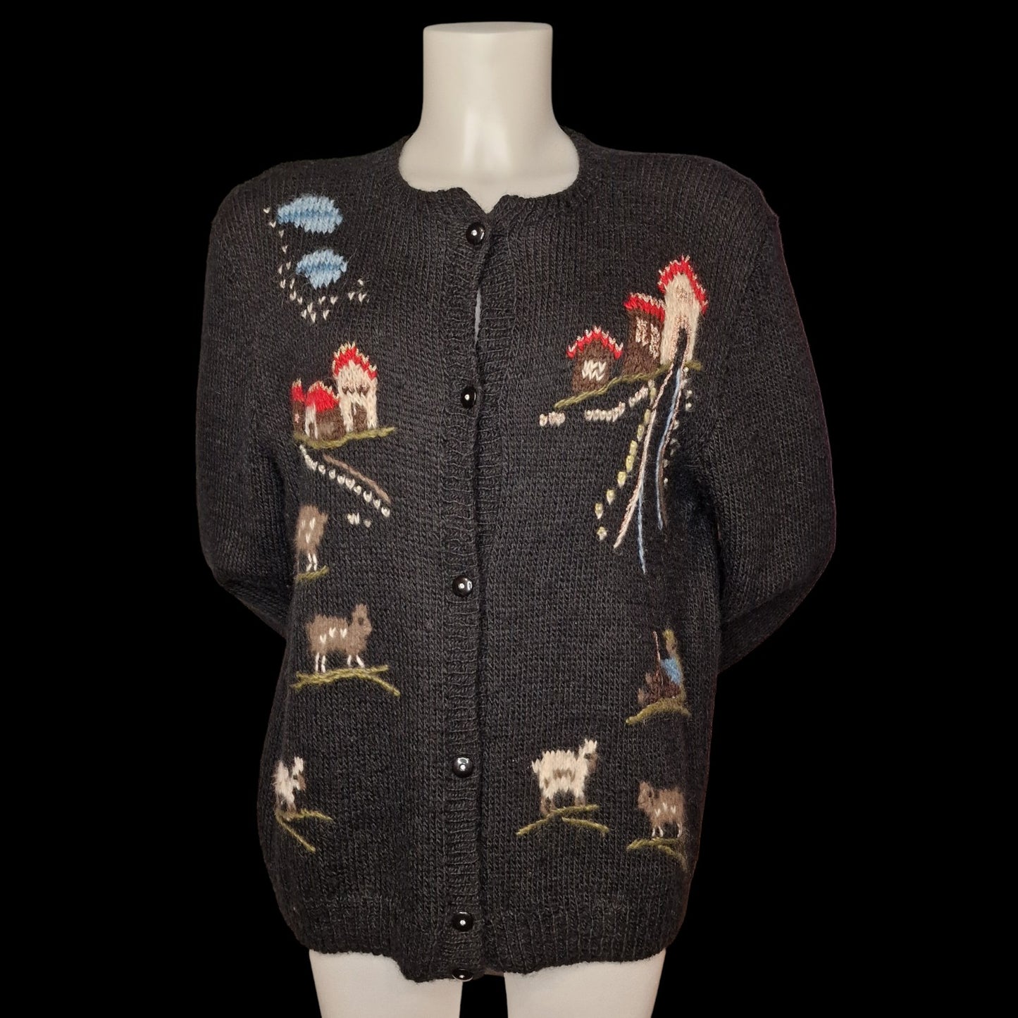 Vintage Landhaus Strickjacke Schwarz mit Bauernhof-Motiven und Tieren L