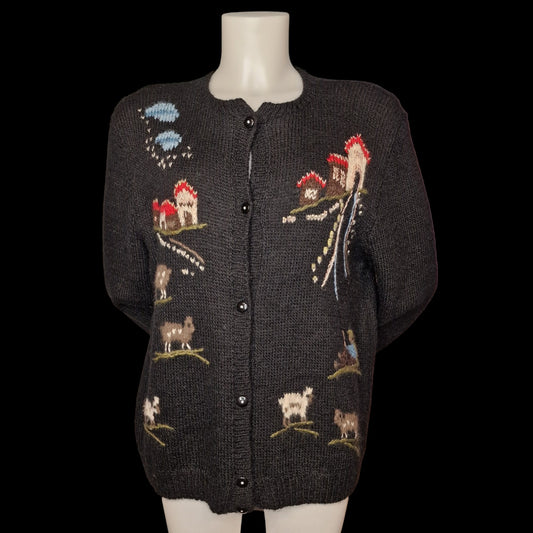 Vintage Landhaus Strickjacke Schwarz mit Bauernhof-Motiven und Tieren L