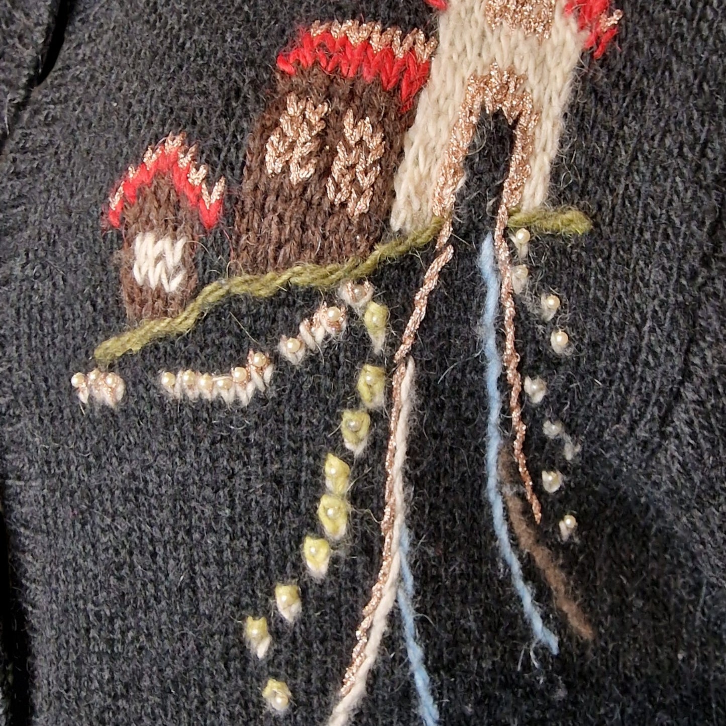 Vintage Landhaus Strickjacke Schwarz mit Bauernhof-Motiven und Tieren L