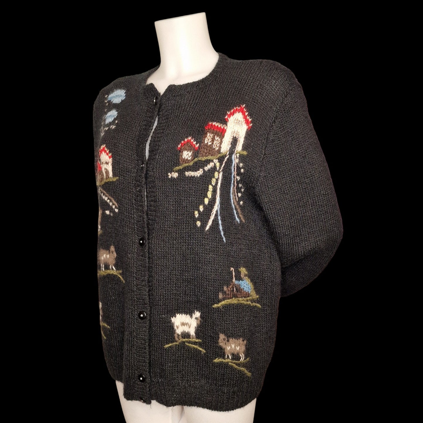 Vintage Landhaus Strickjacke Schwarz mit Bauernhof-Motiven und Tieren L