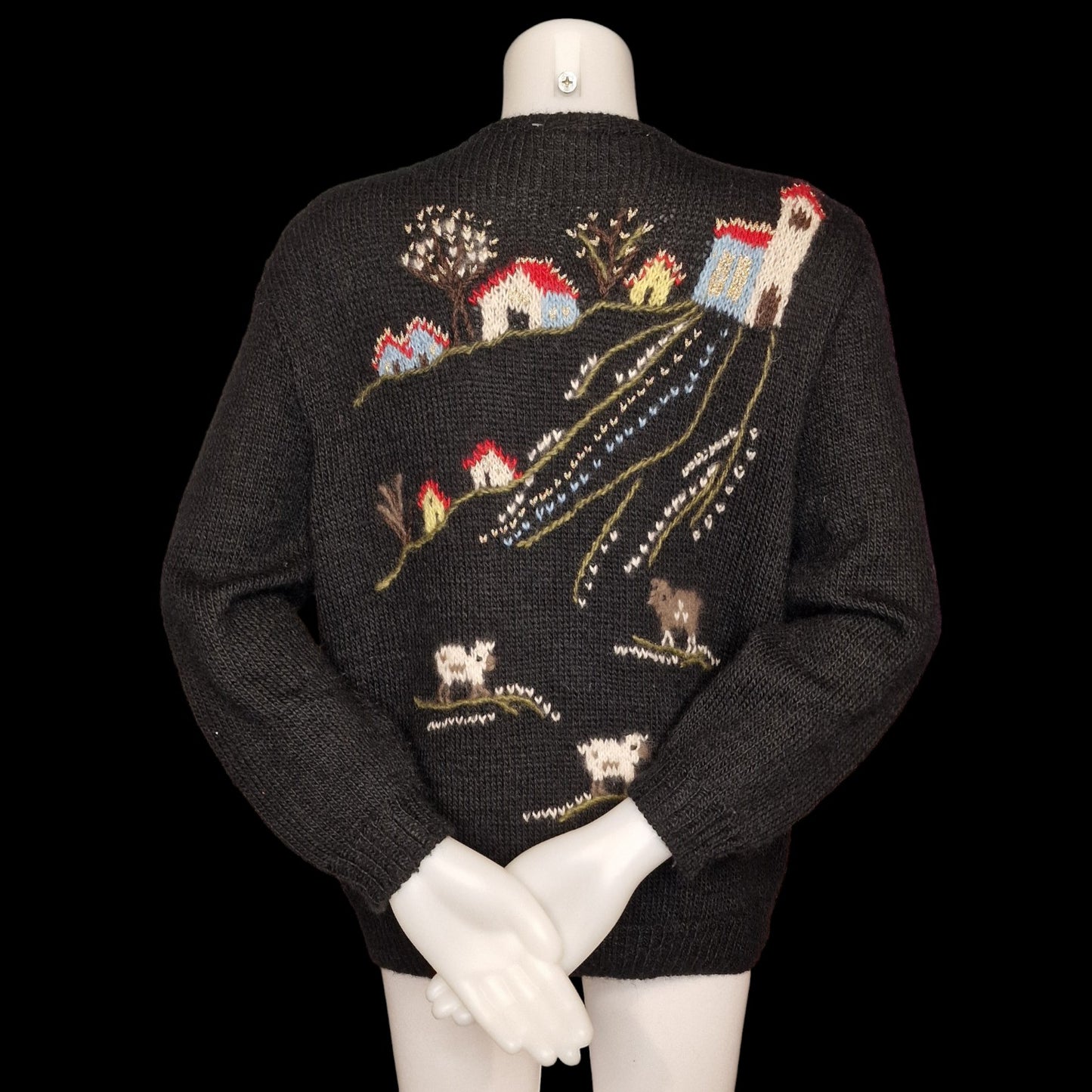 Vintage Landhaus Strickjacke Schwarz mit Bauernhof-Motiven und Tieren L