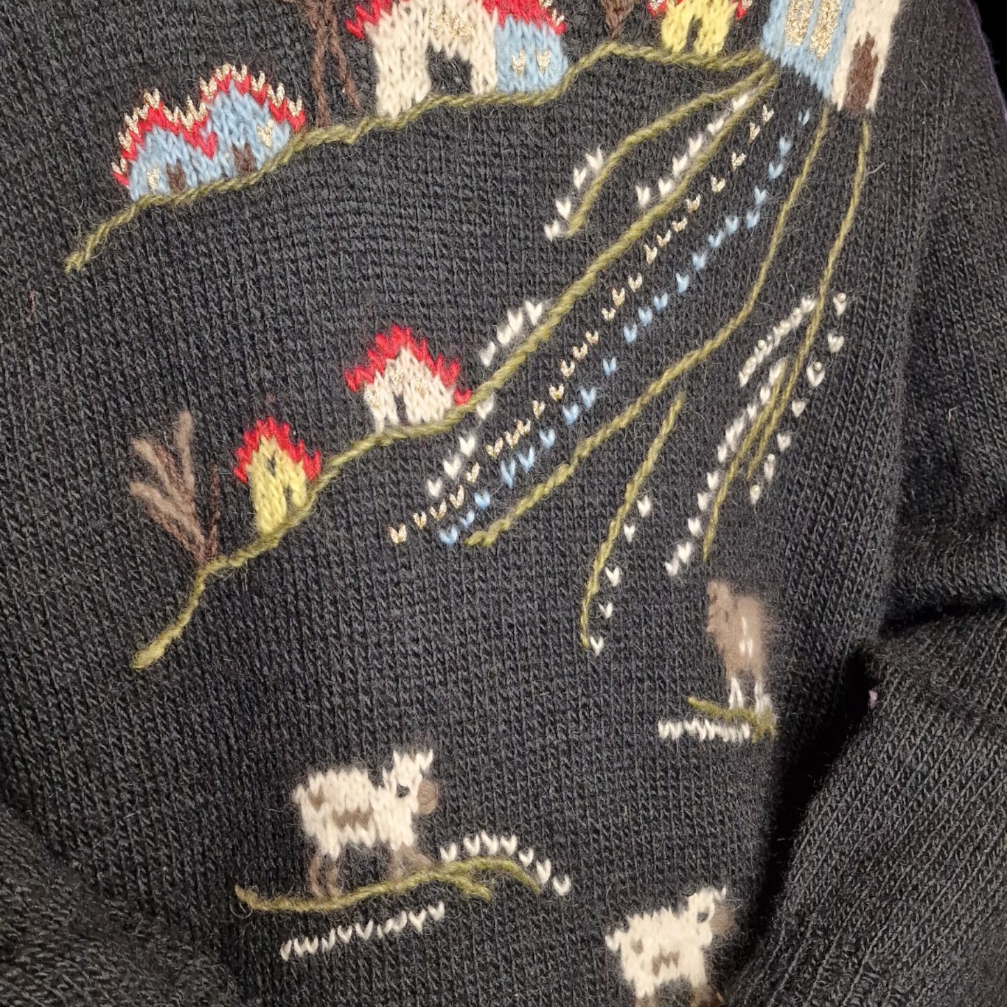 Vintage Landhaus Strickjacke Schwarz mit Bauernhof-Motiven und Tieren L