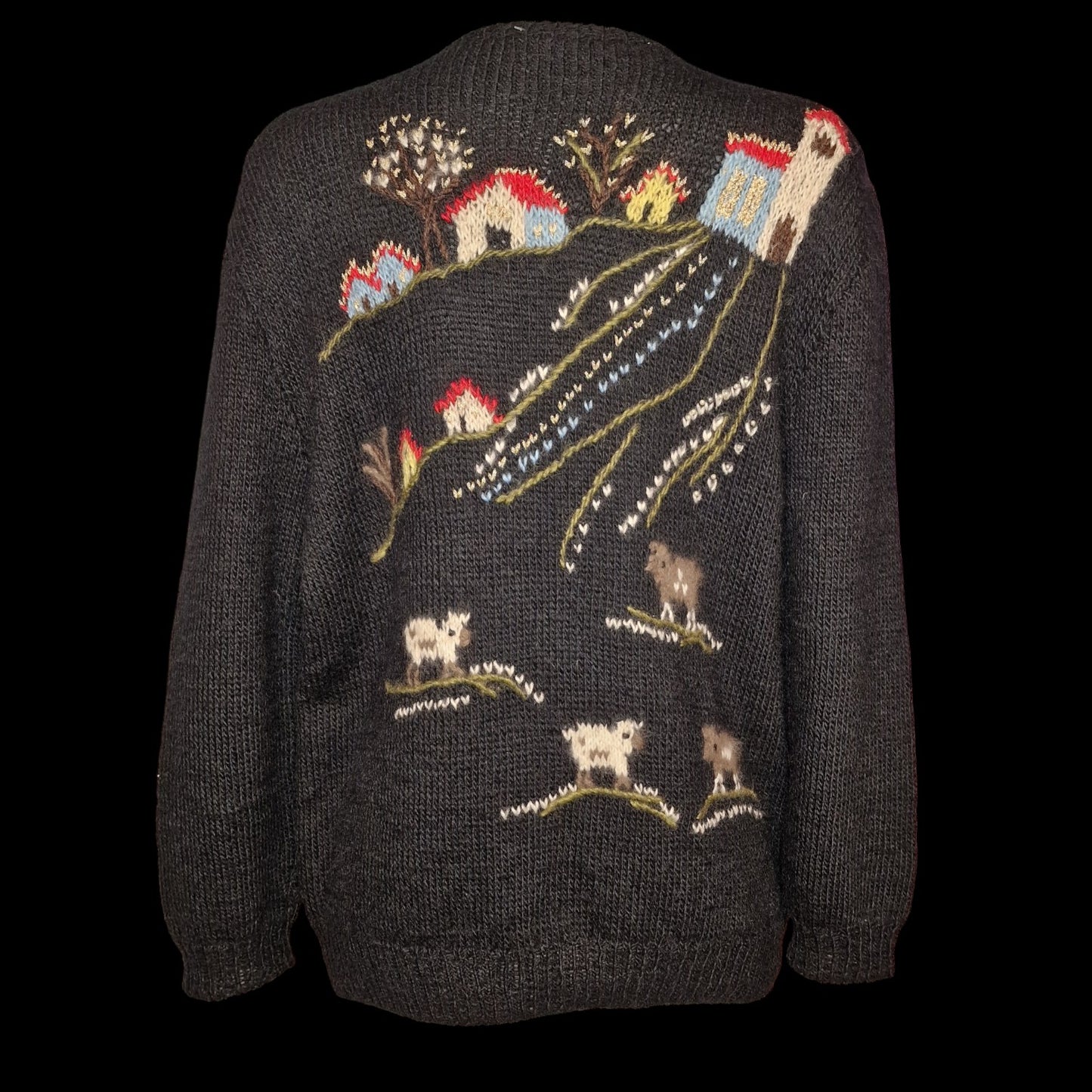 Vintage Landhaus Strickjacke Schwarz mit Bauernhof-Motiven und Tieren L