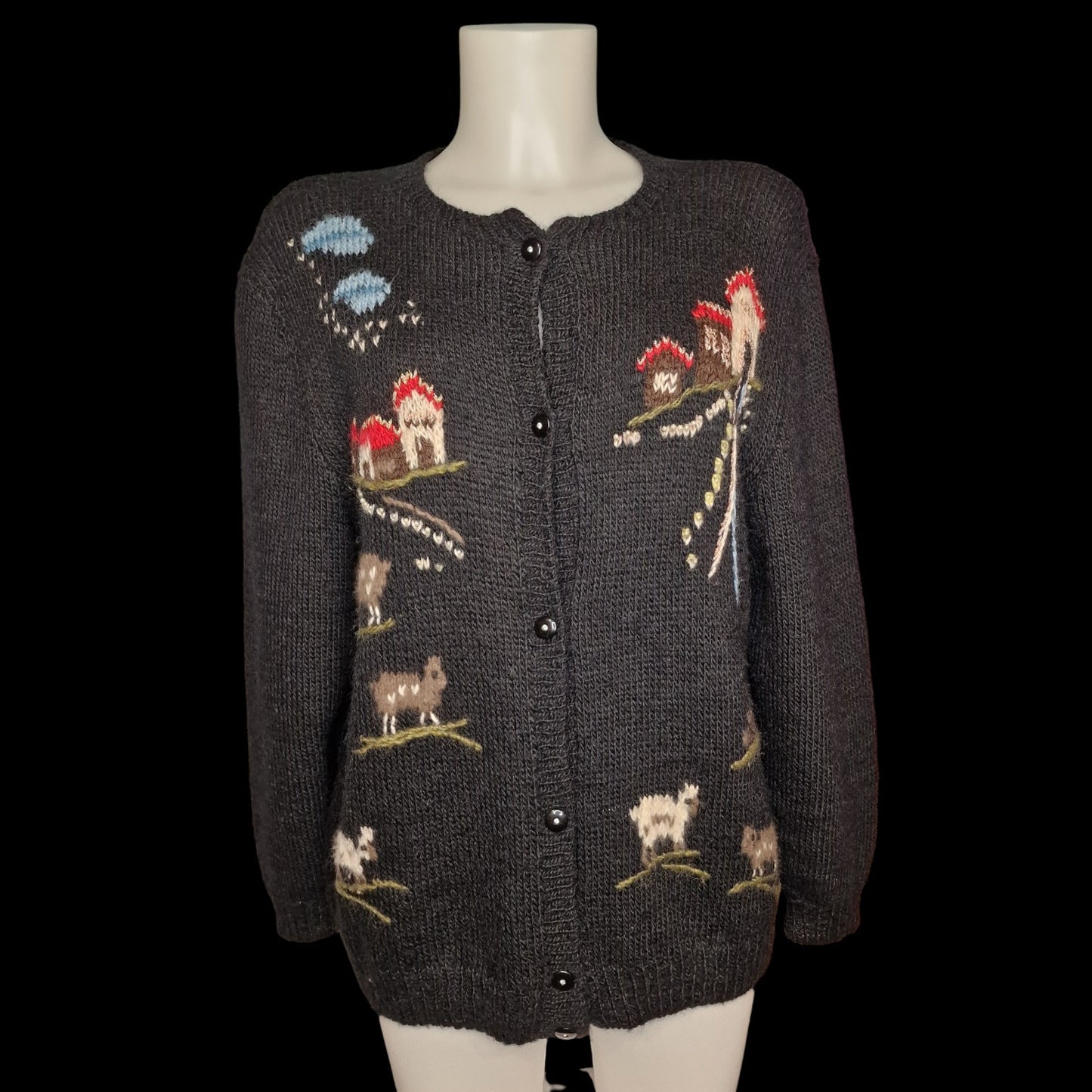 Vintage Landhaus Strickjacke Schwarz mit Bauernhof-Motiven und Tieren L