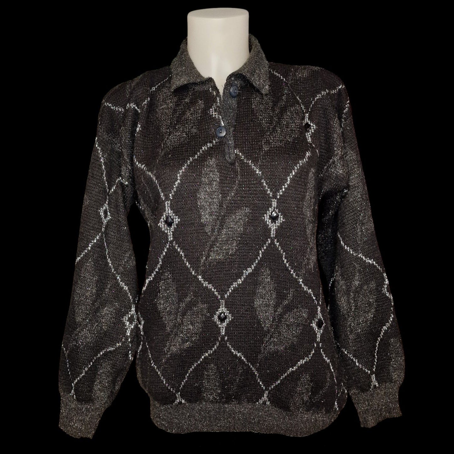 90er Vintage Pullover Schwarz-Braun mit Rauten-Muster und Lurex S/M