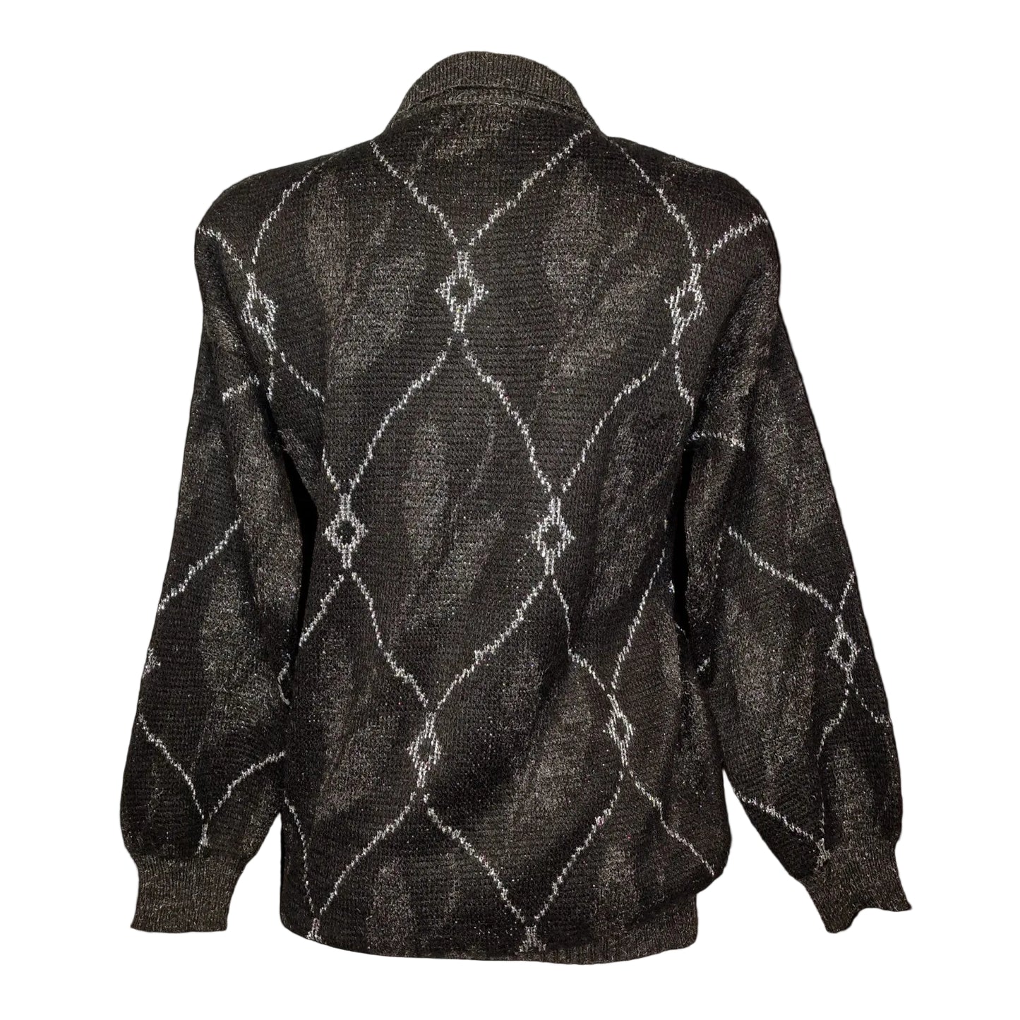 90er Vintage Pullover Schwarz-Braun mit Rauten-Muster und Lurex S/M