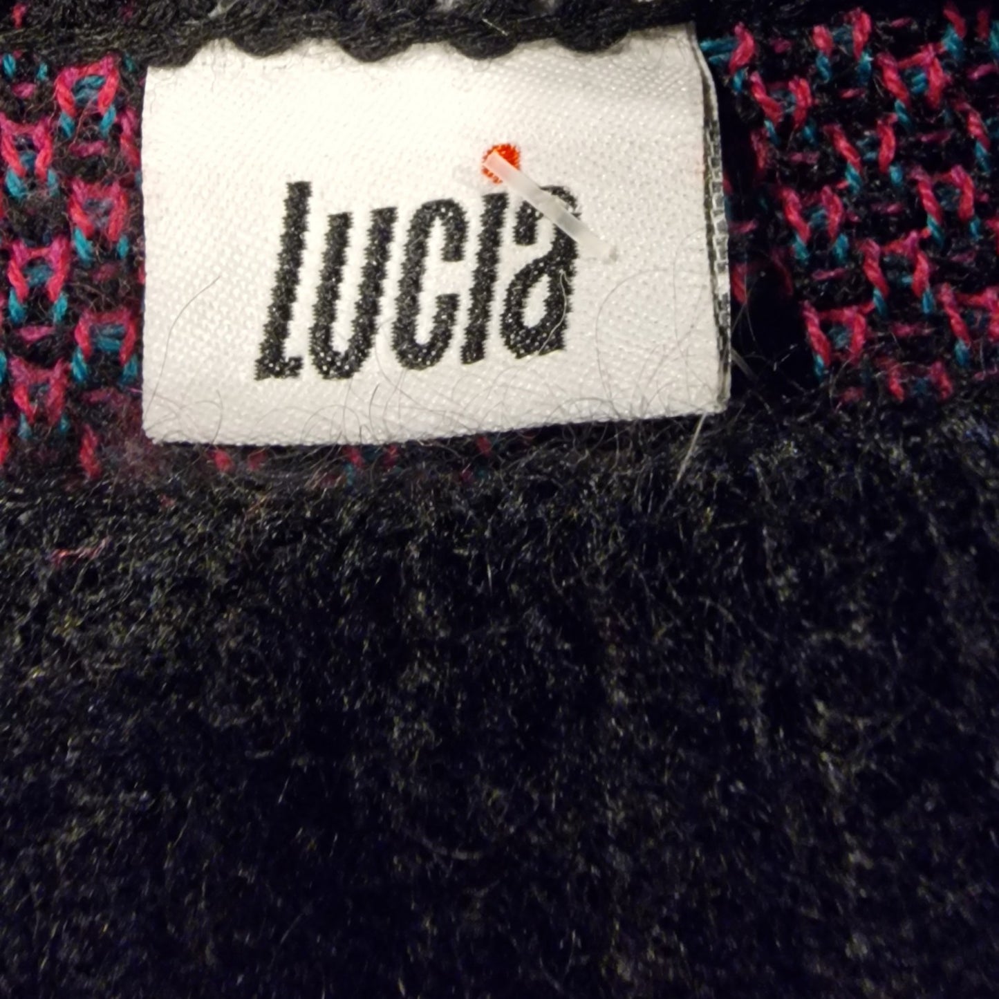 80er vintage Pullover "Lucia" mit gestricktem Rosenmuster schwarz-pink XL