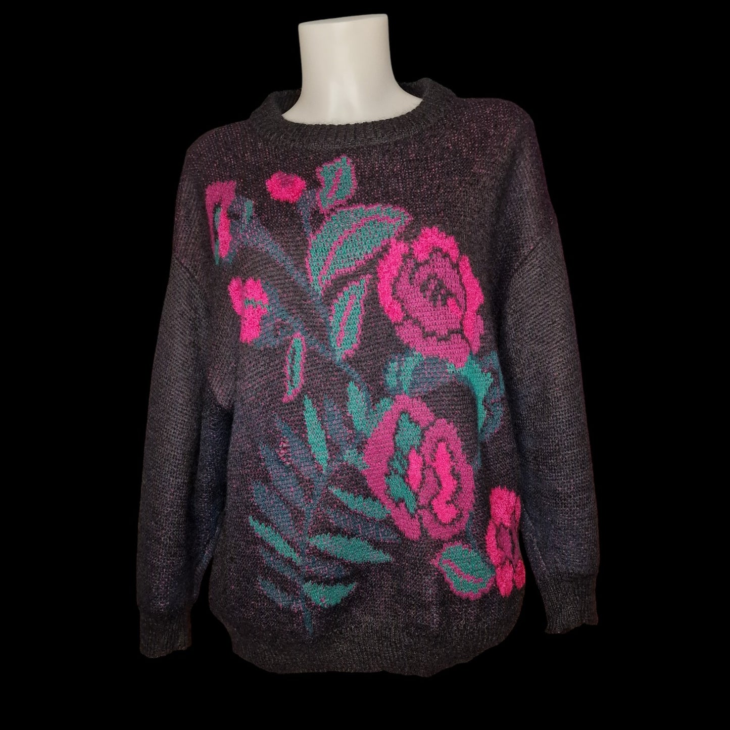 80er vintage Pullover "Lucia" mit gestricktem Rosenmuster schwarz-pink XL