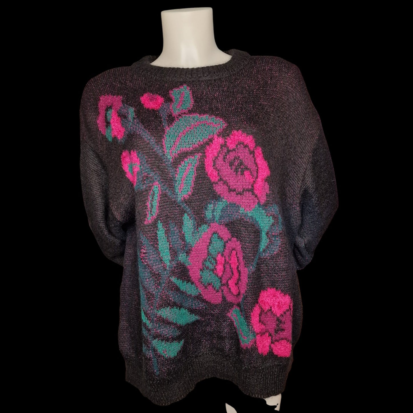 80er vintage Pullover "Lucia" mit gestricktem Rosenmuster schwarz-pink XL