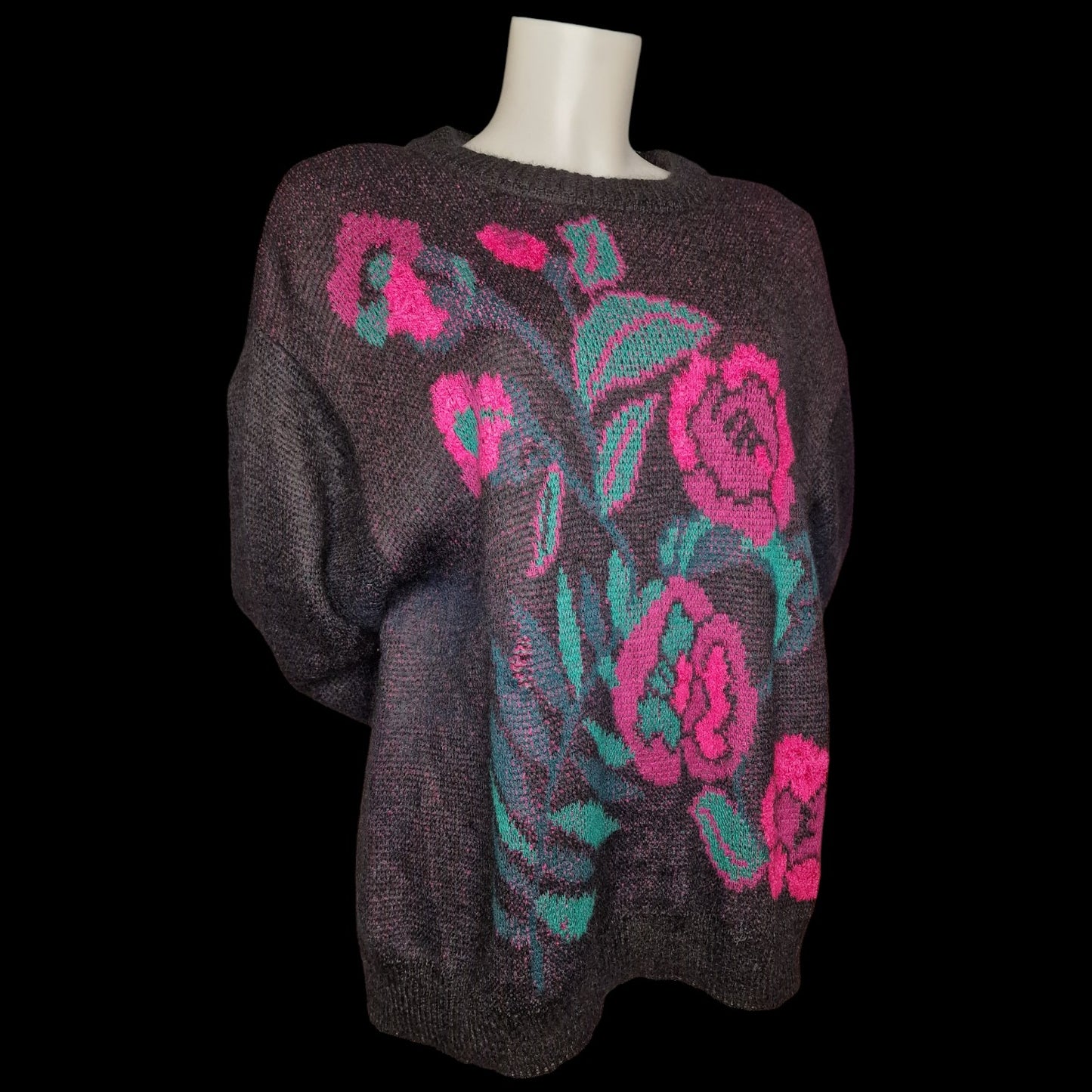 80er vintage Pullover "Lucia" mit gestricktem Rosenmuster schwarz-pink XL