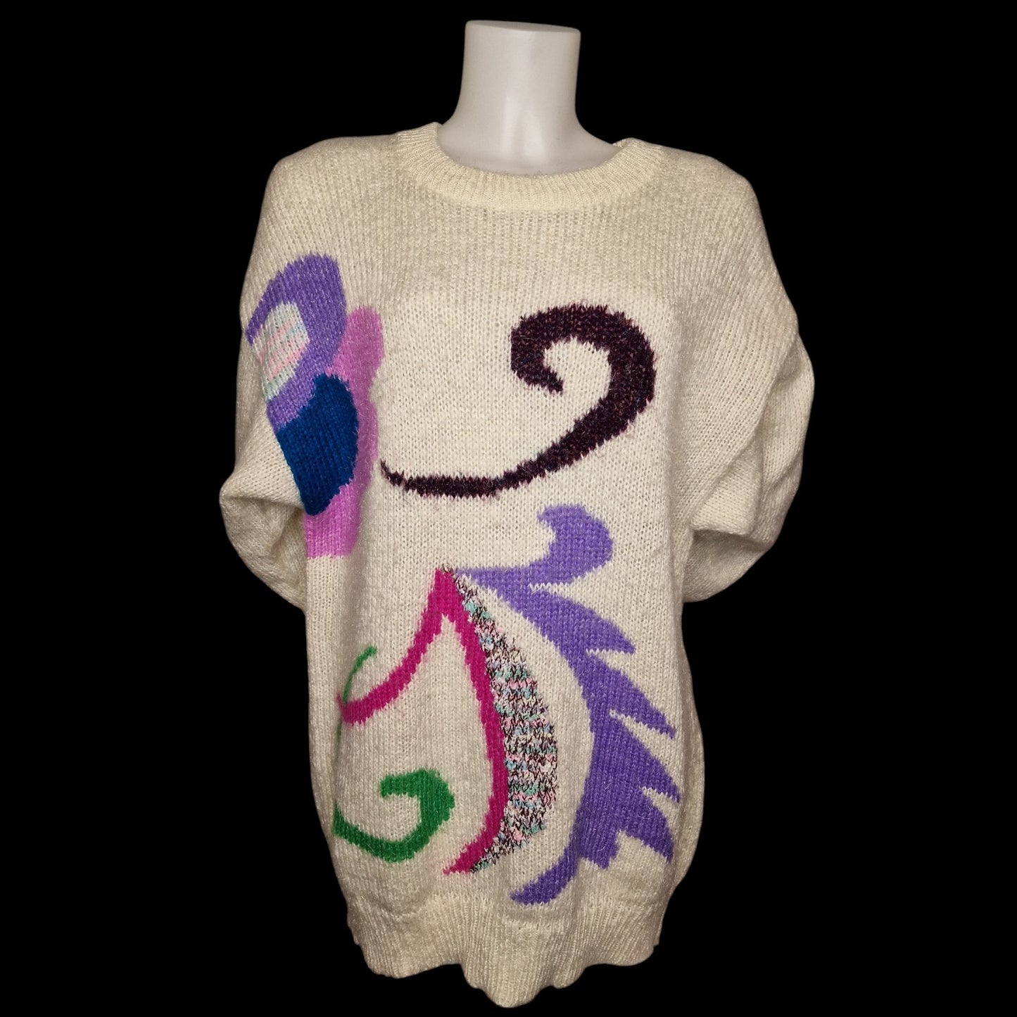 Vintage 90er Pullover Strick Creme mit bunten Mustern Gr. L "Alexane"