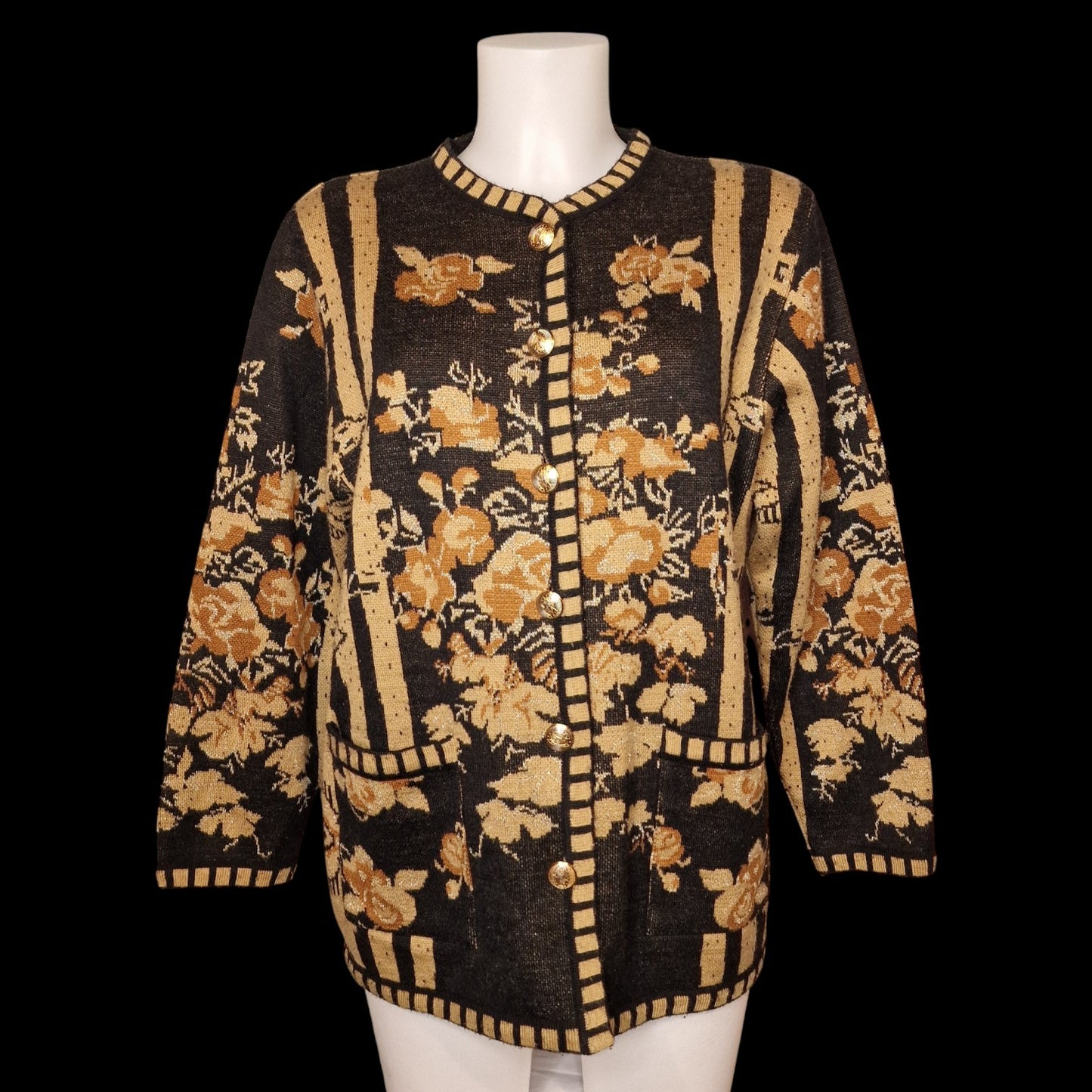 Vintage 80er Strickjacke barock Schwarz-Gold Blumenmuster und Lurex Gr. L