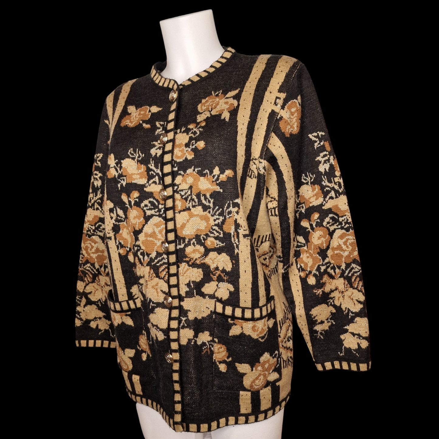 Vintage 80er Strickjacke barock Schwarz-Gold Blumenmuster und Lurex Gr. L