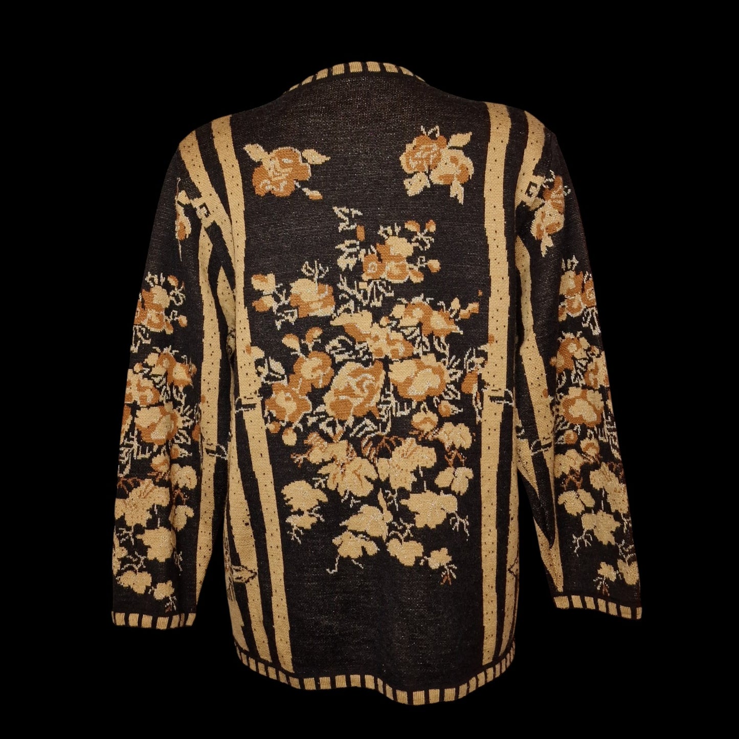 Vintage 80er Strickjacke barock Schwarz-Gold Blumenmuster und Lurex Gr. L