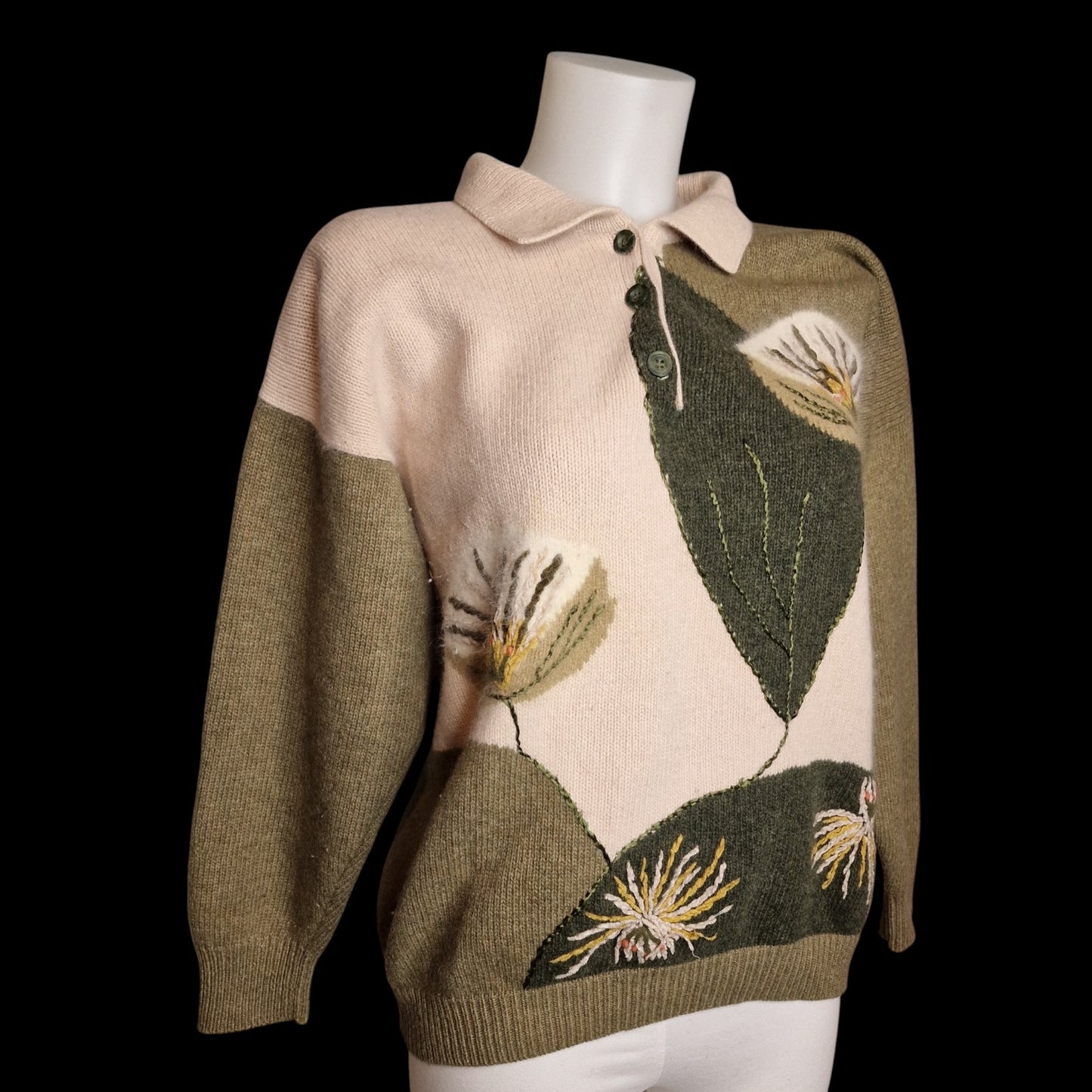 Vintage 90er Strickpullover grün Blumenstickerei von 1Pull Gr. L 100 % Wolle
