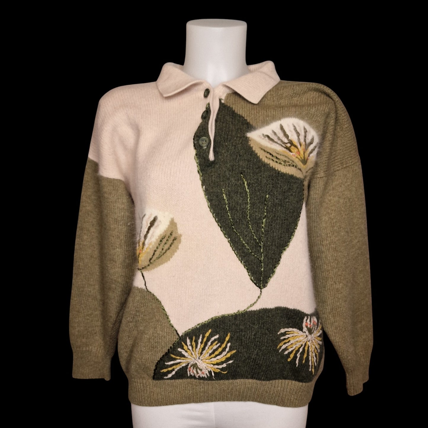 Vintage 90er Strickpullover grün Blumenstickerei von 1Pull Gr. L 100 % Wolle