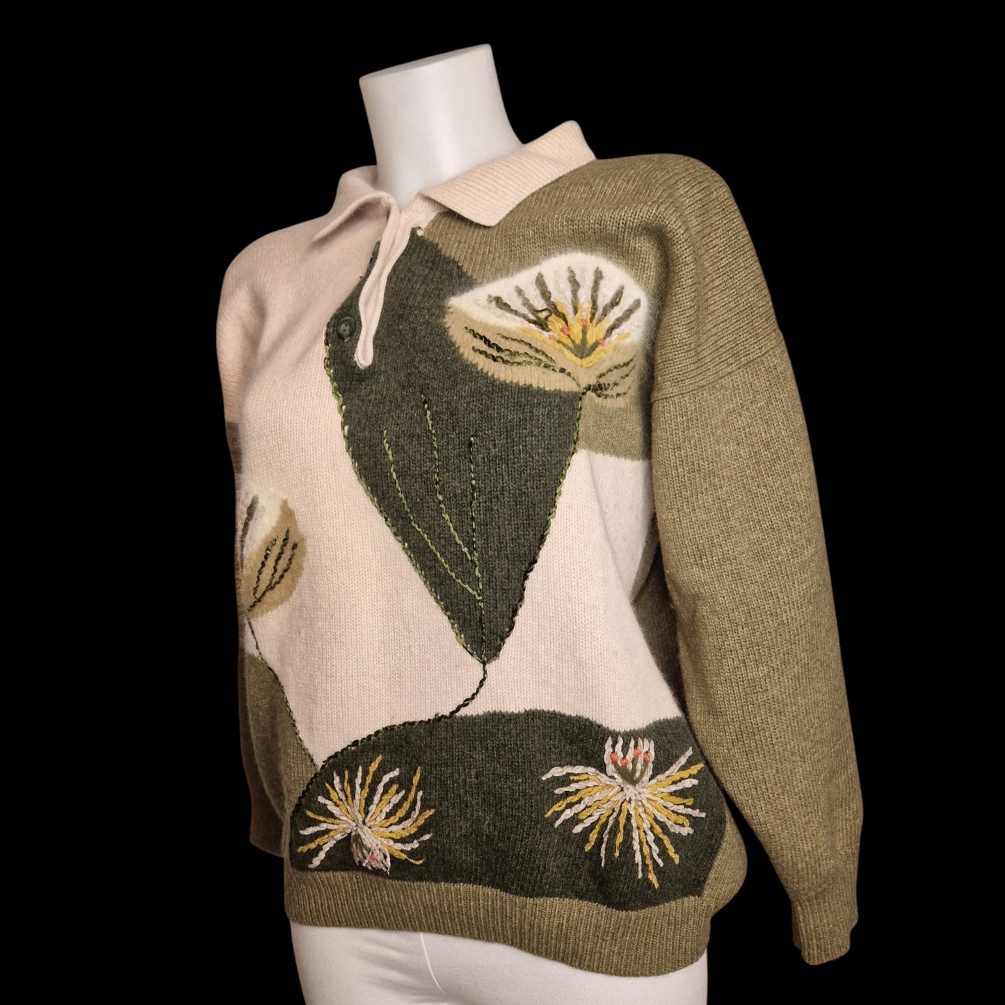 Vintage 90er Strickpullover grün Blumenstickerei von 1Pull Gr. L 100 % Wolle