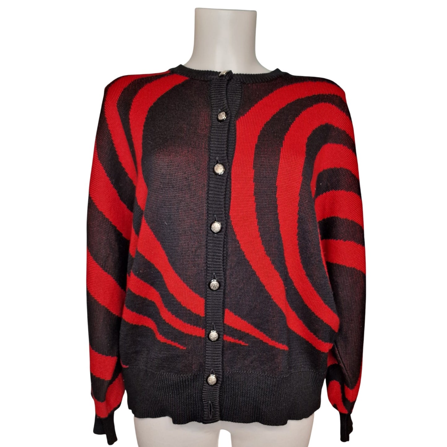 Stylischer 80er Pullover Vintage Strickjacke Rot-Schwarz Ara Wirbel-Muster L
