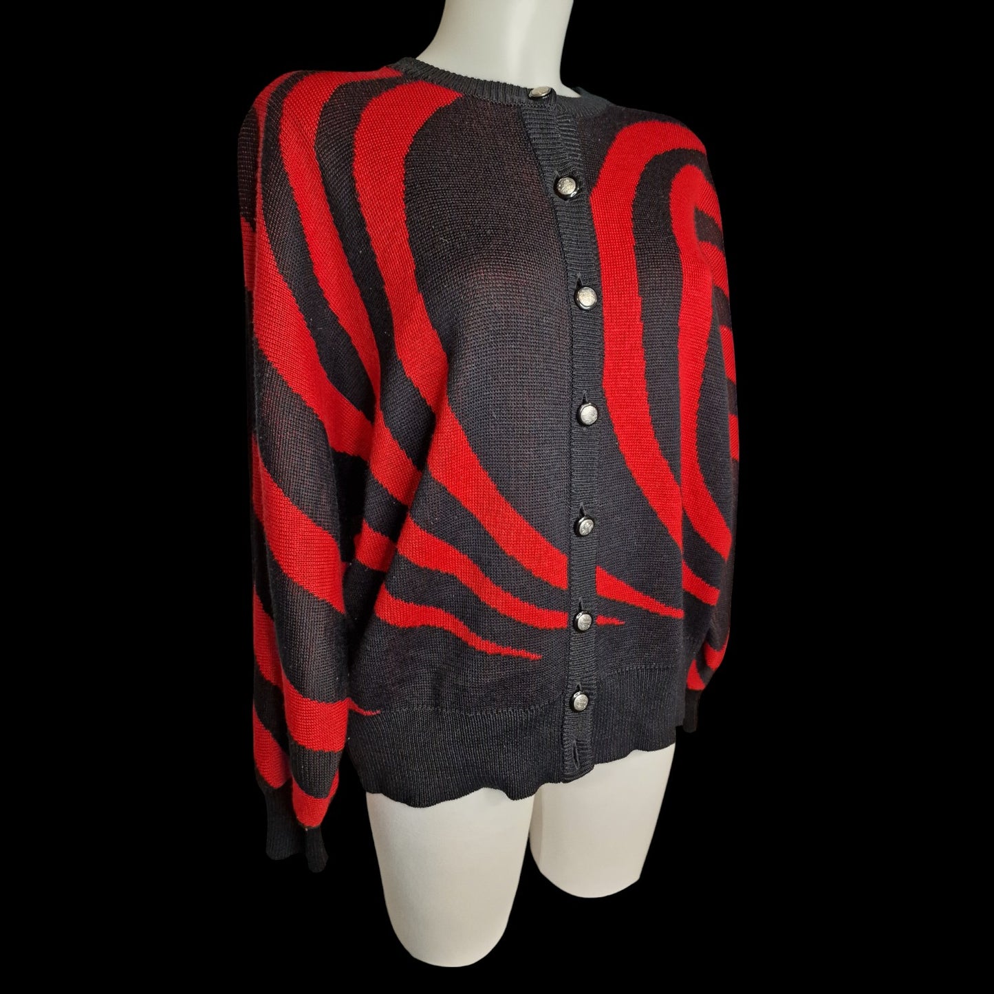 Stylischer 80er Pullover Vintage Strickjacke Rot-Schwarz Ara Wirbel-Muster L