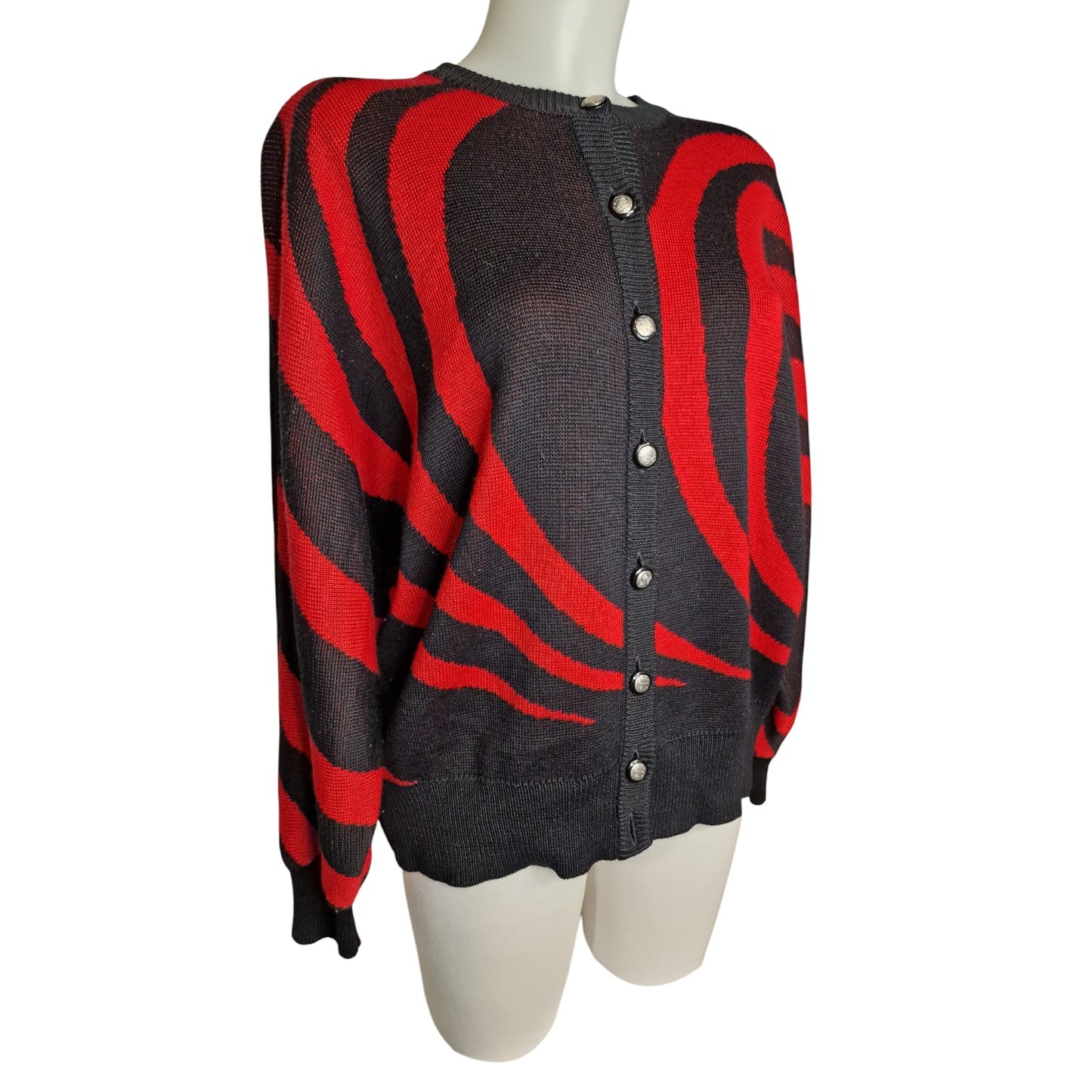 Stylischer 80er Pullover Vintage Strickjacke Rot-Schwarz Ara Wirbel-Muster L