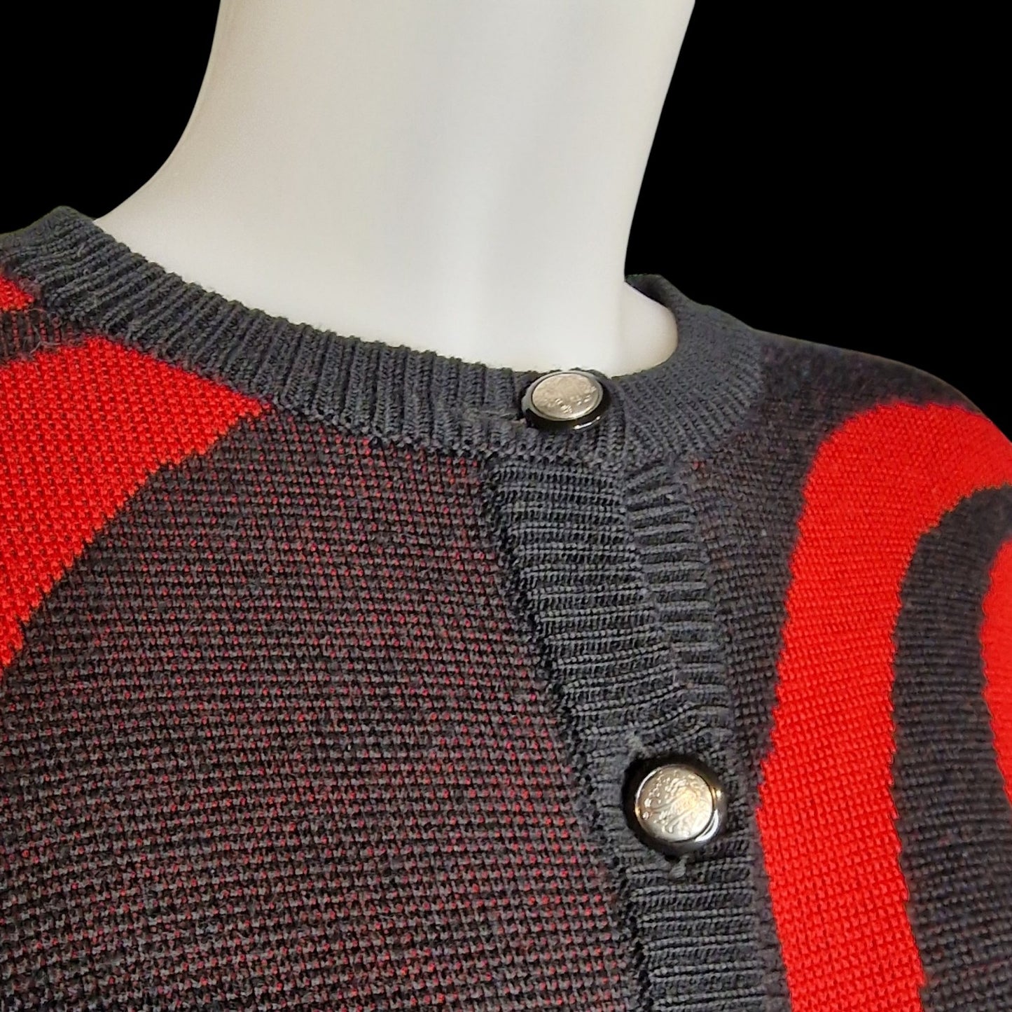 Stylischer 80er Pullover Vintage Strickjacke Rot-Schwarz Ara Wirbel-Muster L
