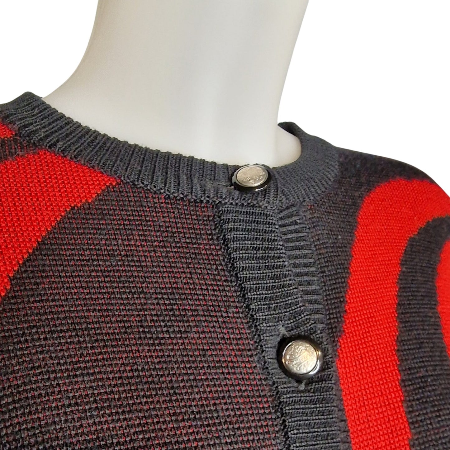 Stylischer 80er Pullover Vintage Strickjacke Rot-Schwarz Ara Wirbel-Muster L