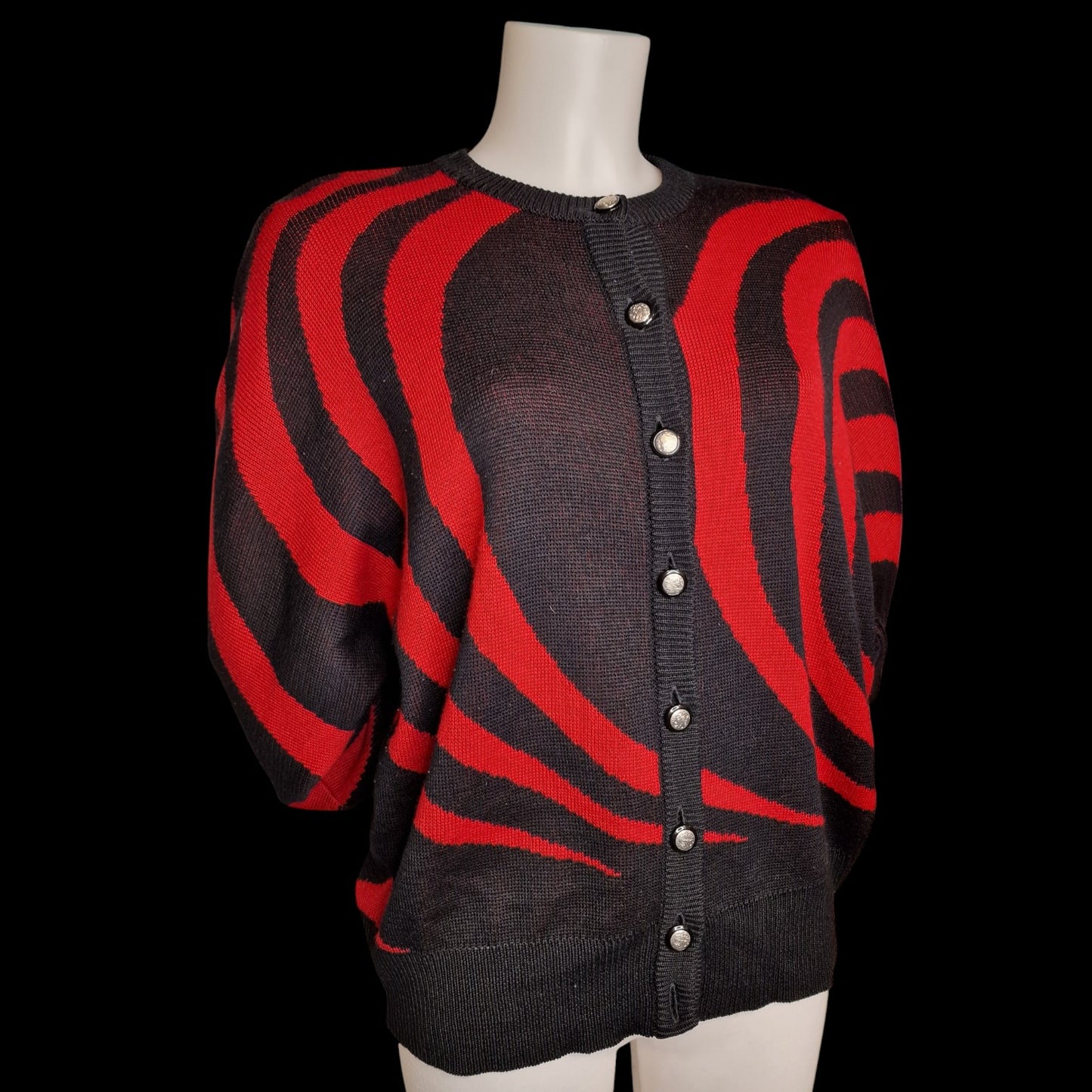 Stylischer 80er Pullover Vintage Strickjacke Rot-Schwarz Ara Wirbel-Muster L