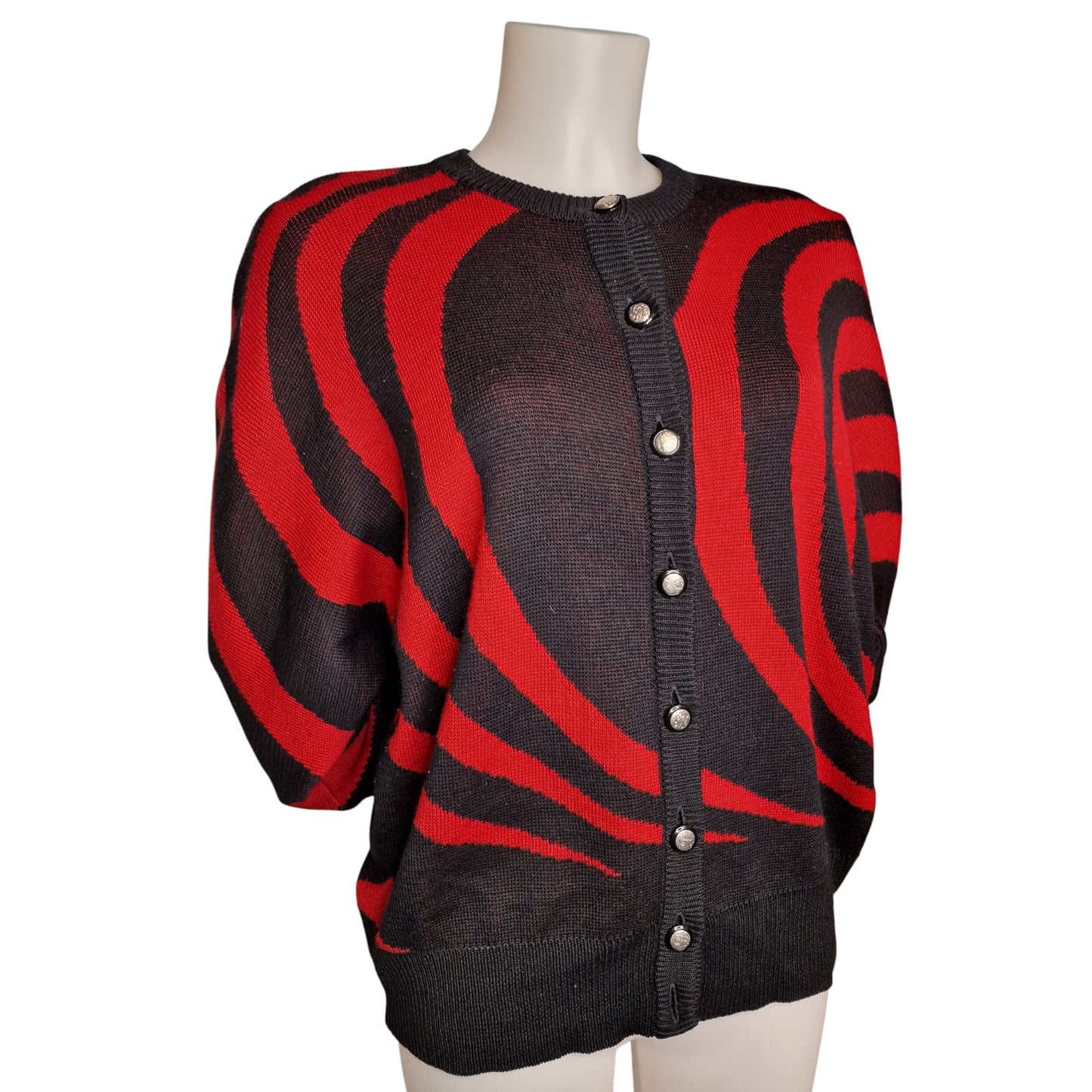 Stylischer 80er Pullover Vintage Strickjacke Rot-Schwarz Ara Wirbel-Muster L