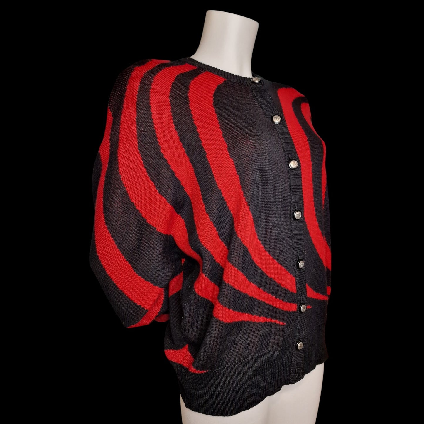 Stylischer 80er Pullover Vintage Strickjacke Rot-Schwarz Ara Wirbel-Muster L