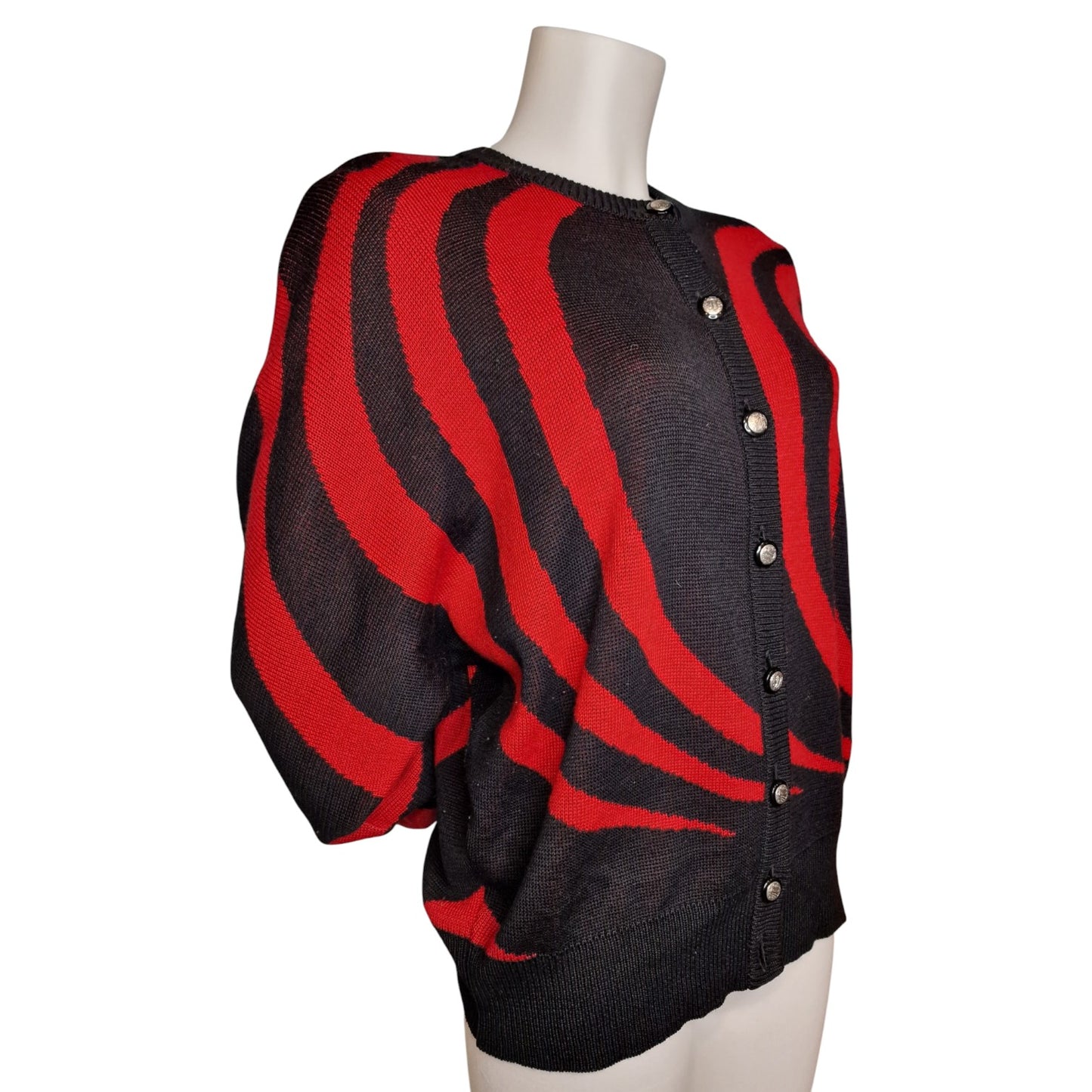 Stylischer 80er Pullover Vintage Strickjacke Rot-Schwarz Ara Wirbel-Muster L