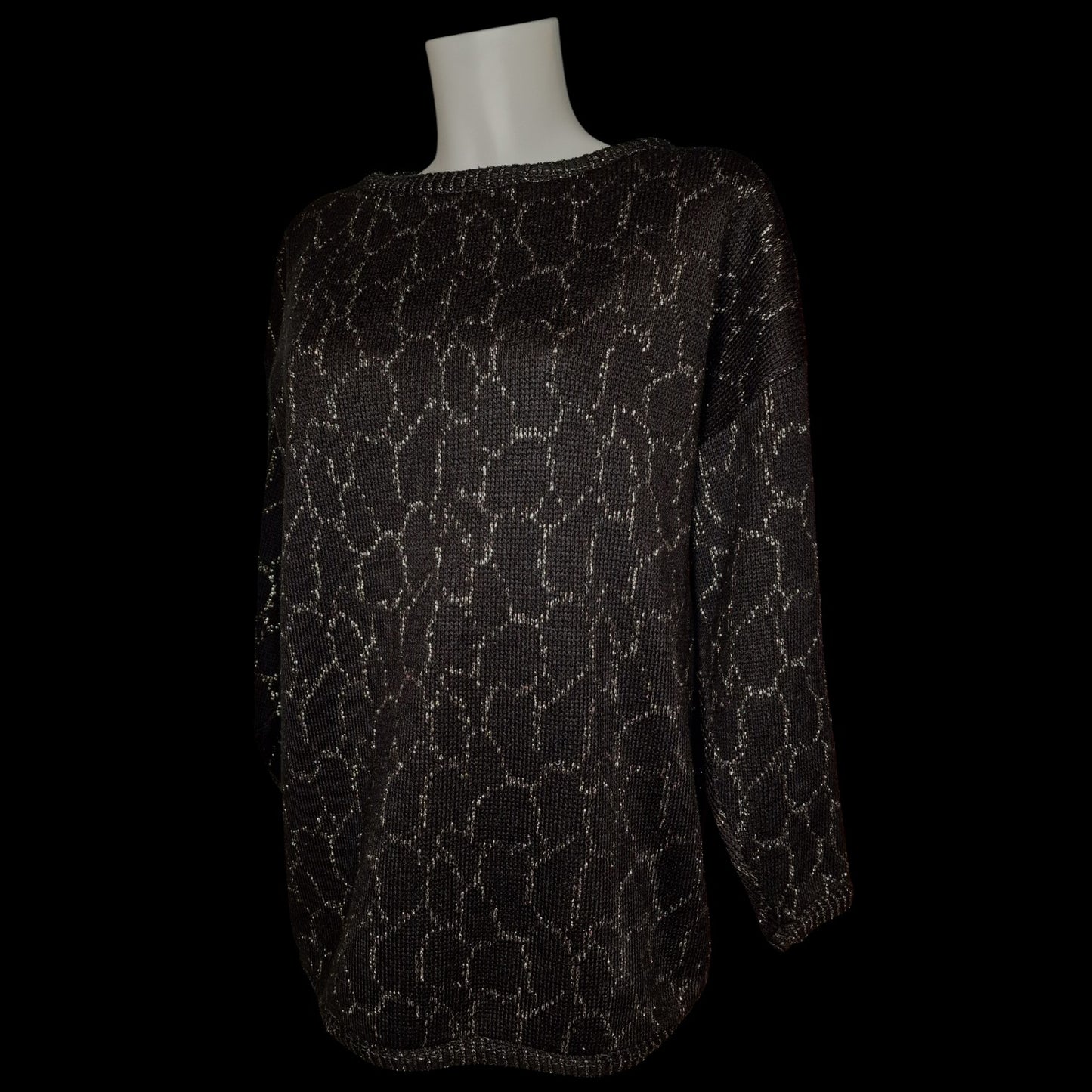 Vintage 80er Pullover Schwarz-Gold mit Lurex und Waben-Muster Gr- L