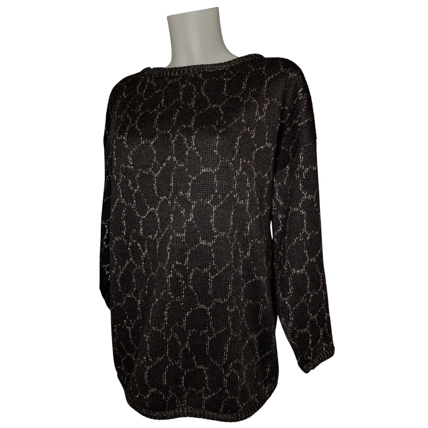 Vintage 80er Pullover Schwarz-Gold mit Lurex und Waben-Muster Gr- L