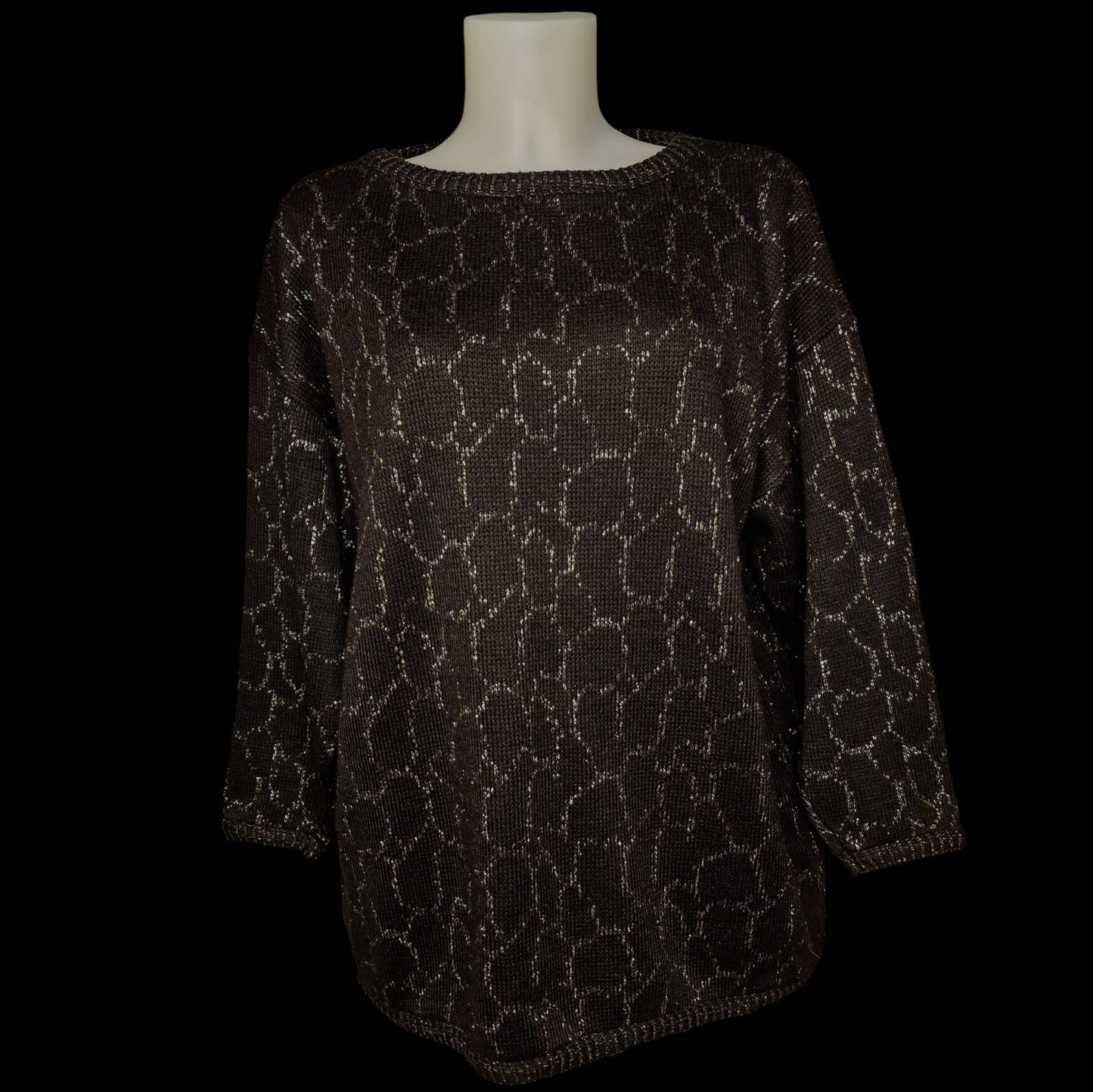 Vintage 80er Pullover Schwarz-Gold mit Lurex und Waben-Muster Gr- L