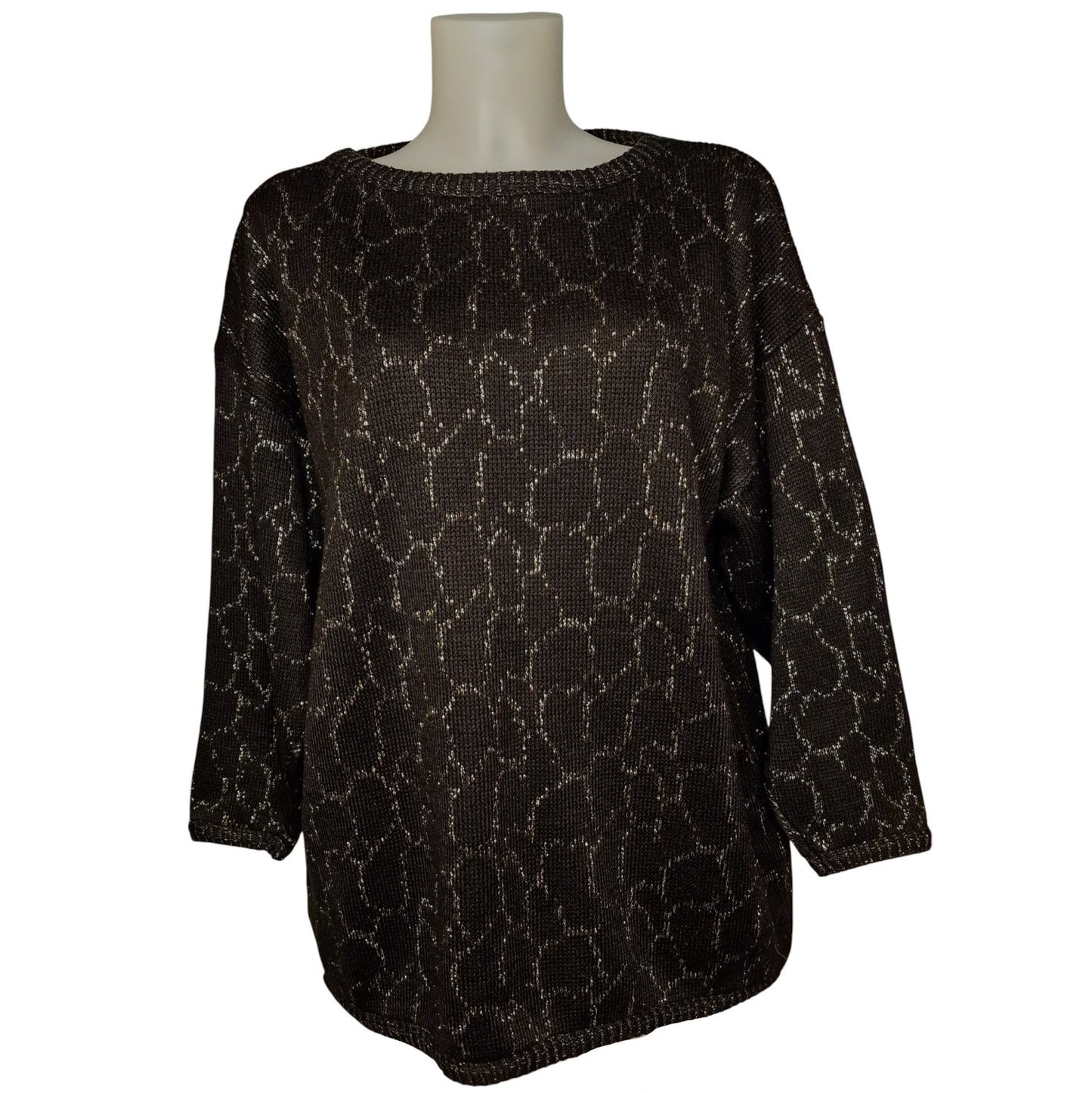 Vintage 80er Pullover Schwarz-Gold mit Lurex und Waben-Muster Gr- L