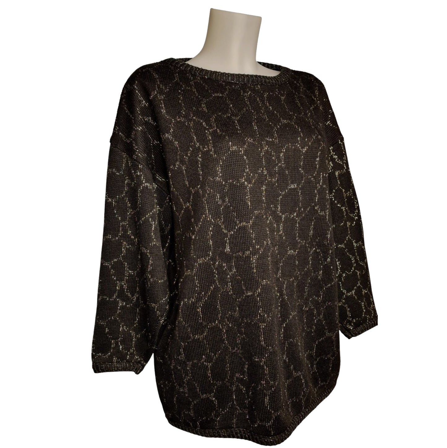 Vintage 80er Pullover Schwarz-Gold mit Lurex und Waben-Muster Gr- L