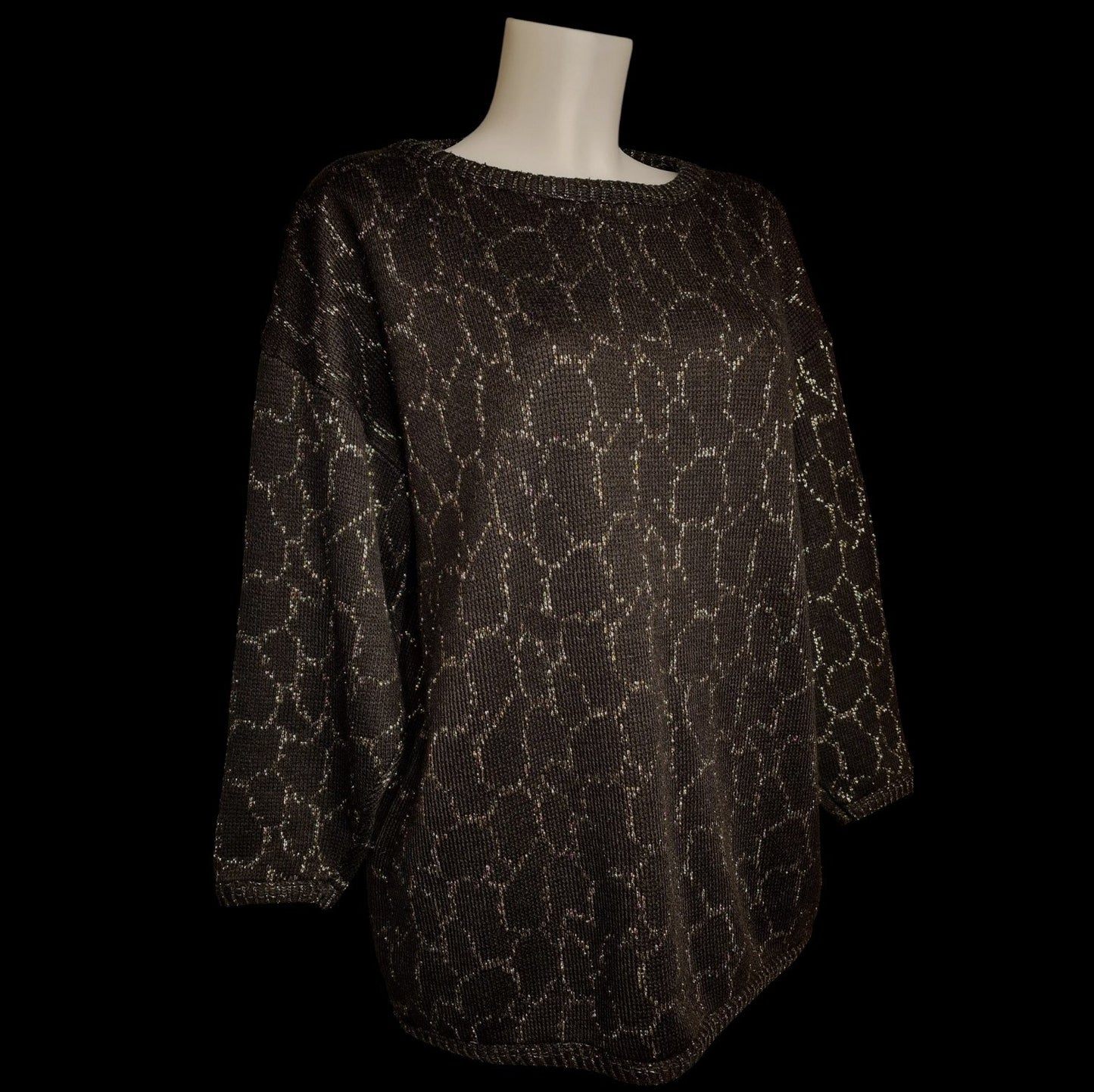 Vintage 80er Pullover Schwarz-Gold mit Lurex und Waben-Muster Gr- L