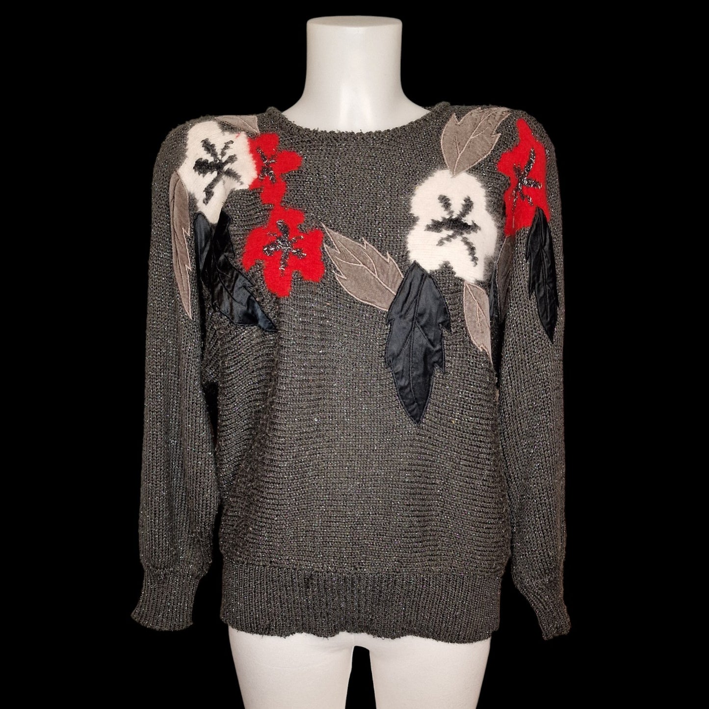 Vintage 80er Strickpullover Grau-Braun mit Blumenapplikation Gr M/L