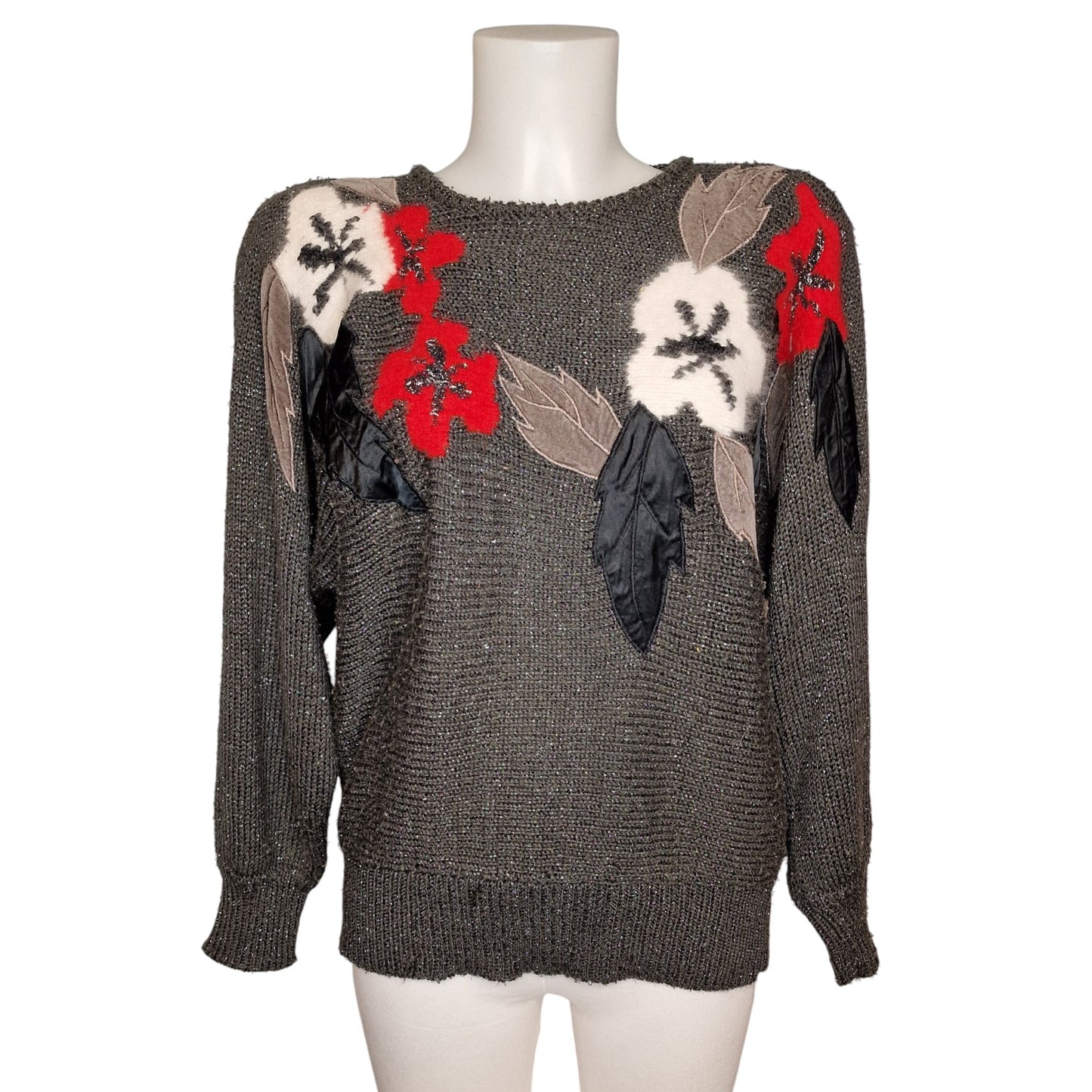 Vintage 80er Strickpullover Grau-Braun mit Blumenapplikation Gr M/L