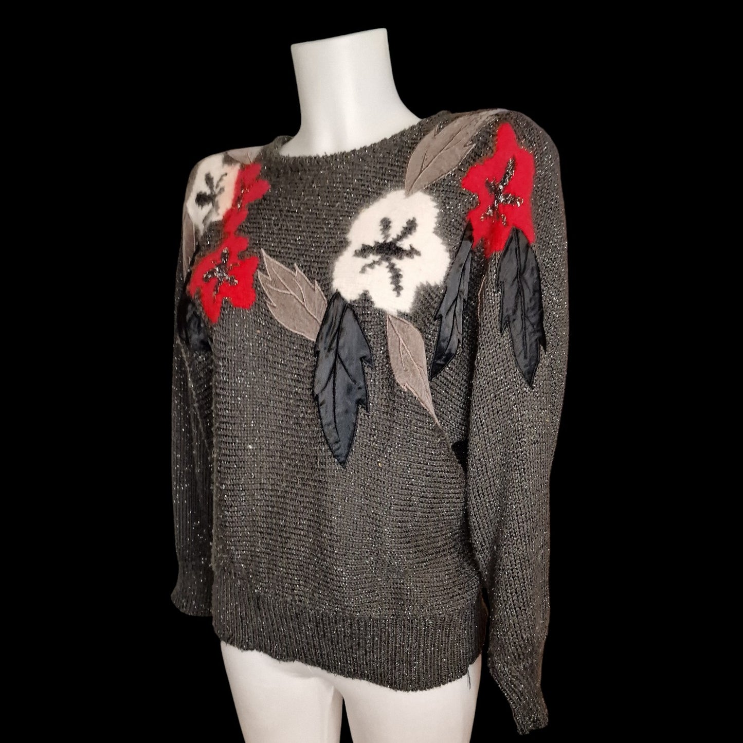 Vintage 80er Strickpullover Grau-Braun mit Blumenapplikation Gr M/L