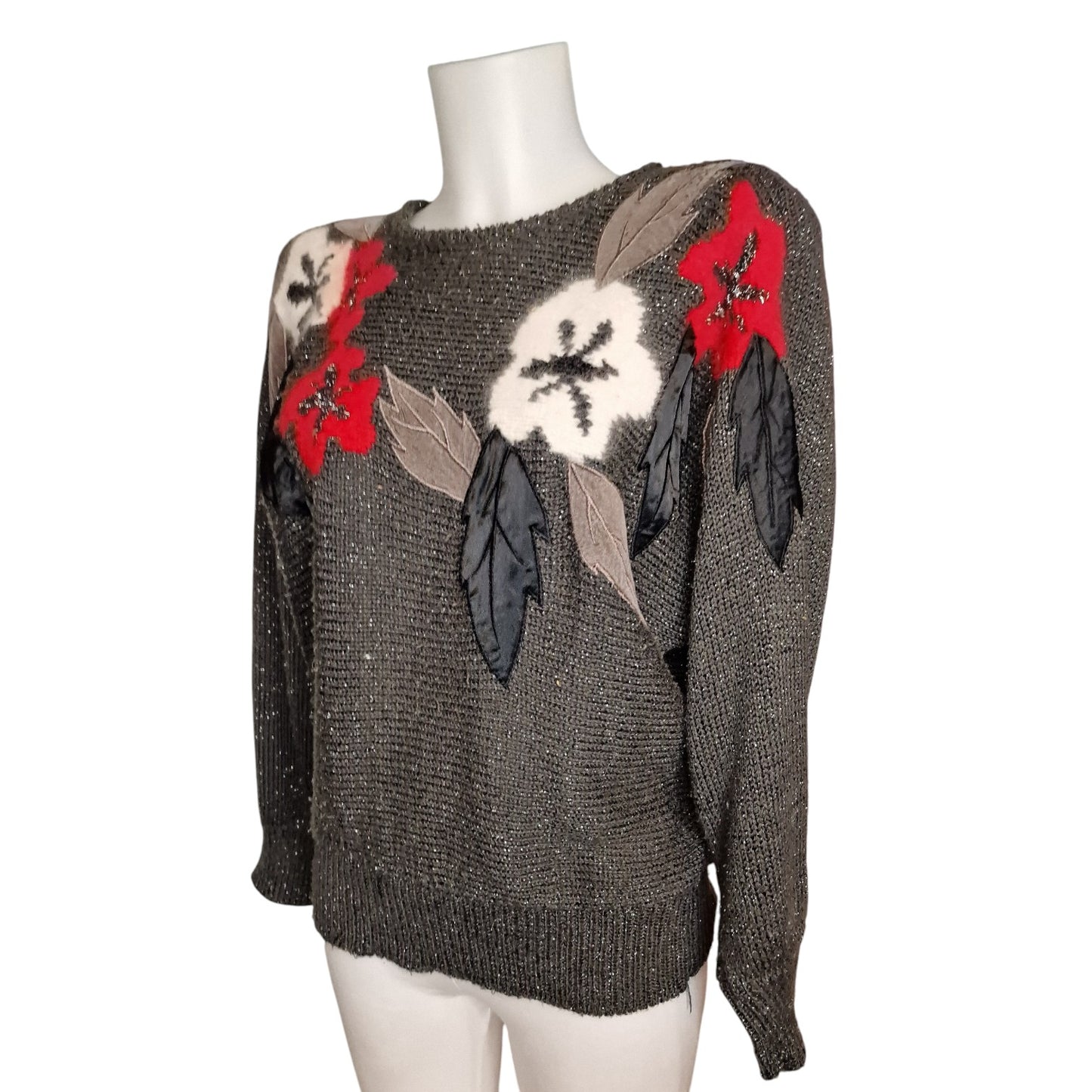 Vintage 80er Strickpullover Grau-Braun mit Blumenapplikation Gr M/L