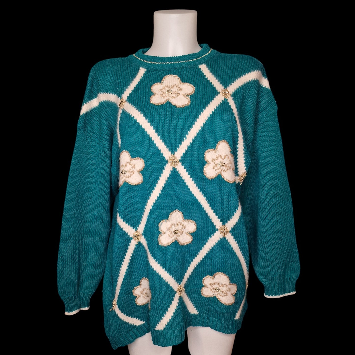 Vintage 90er Pullover Türkis mit Blumenapplikationen "Dana Scott" türkis L