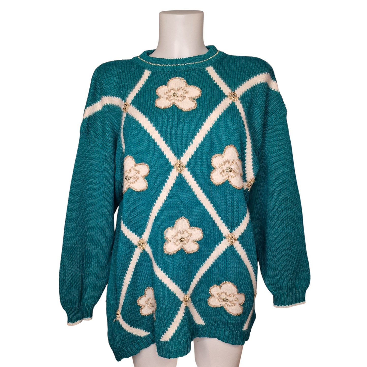 Vintage 90er Pullover Türkis mit Blumenapplikationen "Dana Scott" türkis L