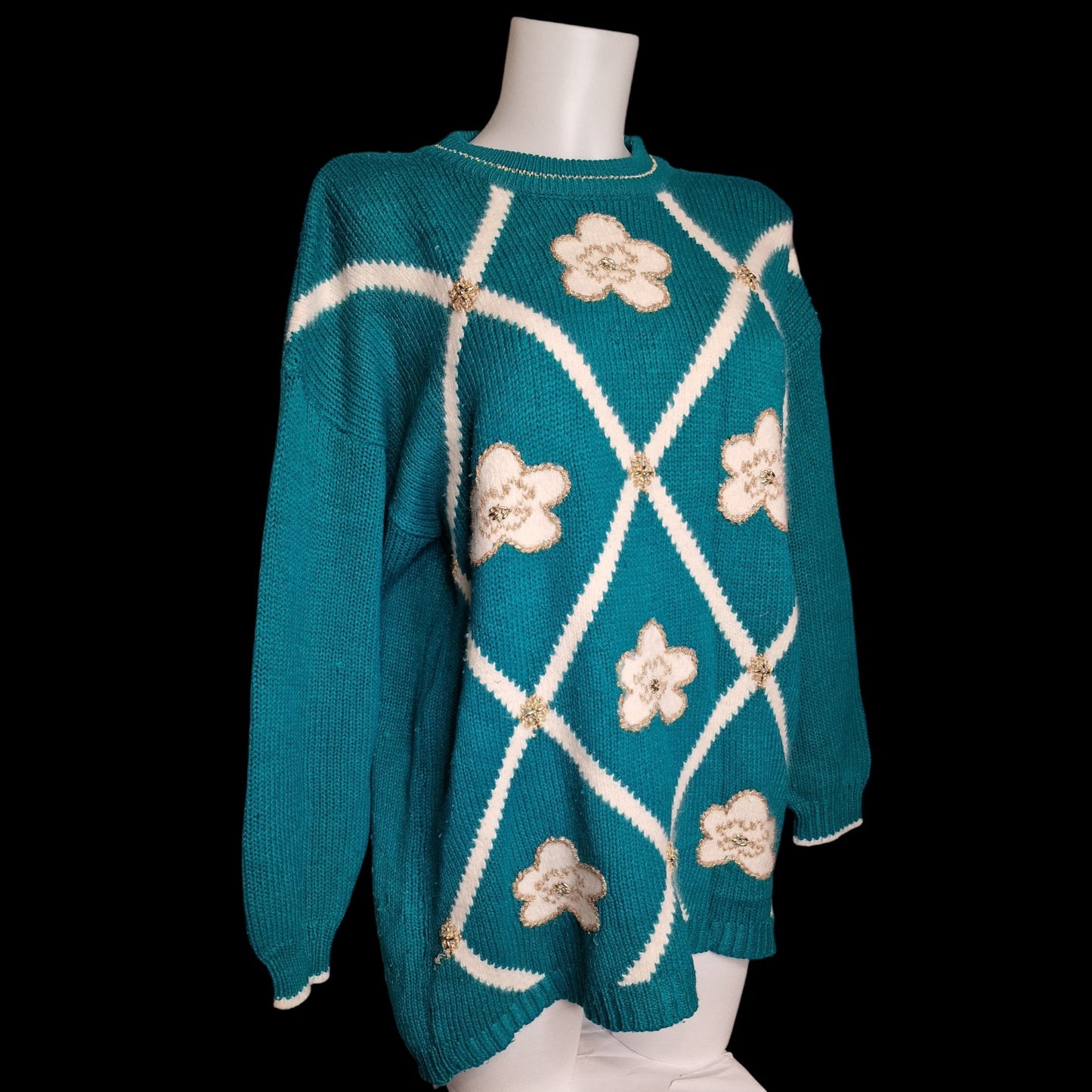 Vintage 90er Pullover Türkis mit Blumenapplikationen "Dana Scott" türkis L