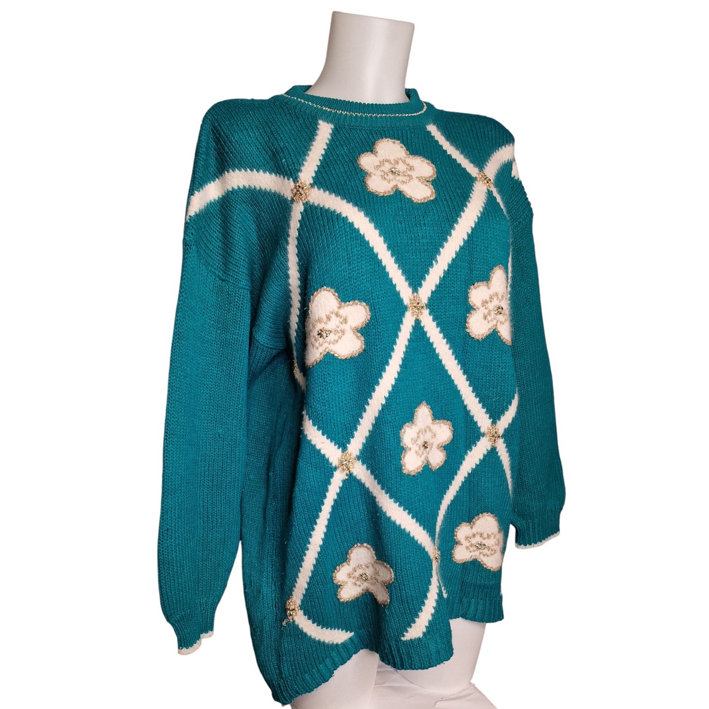 Vintage 90er Pullover Türkis mit Blumenapplikationen "Dana Scott" türkis L