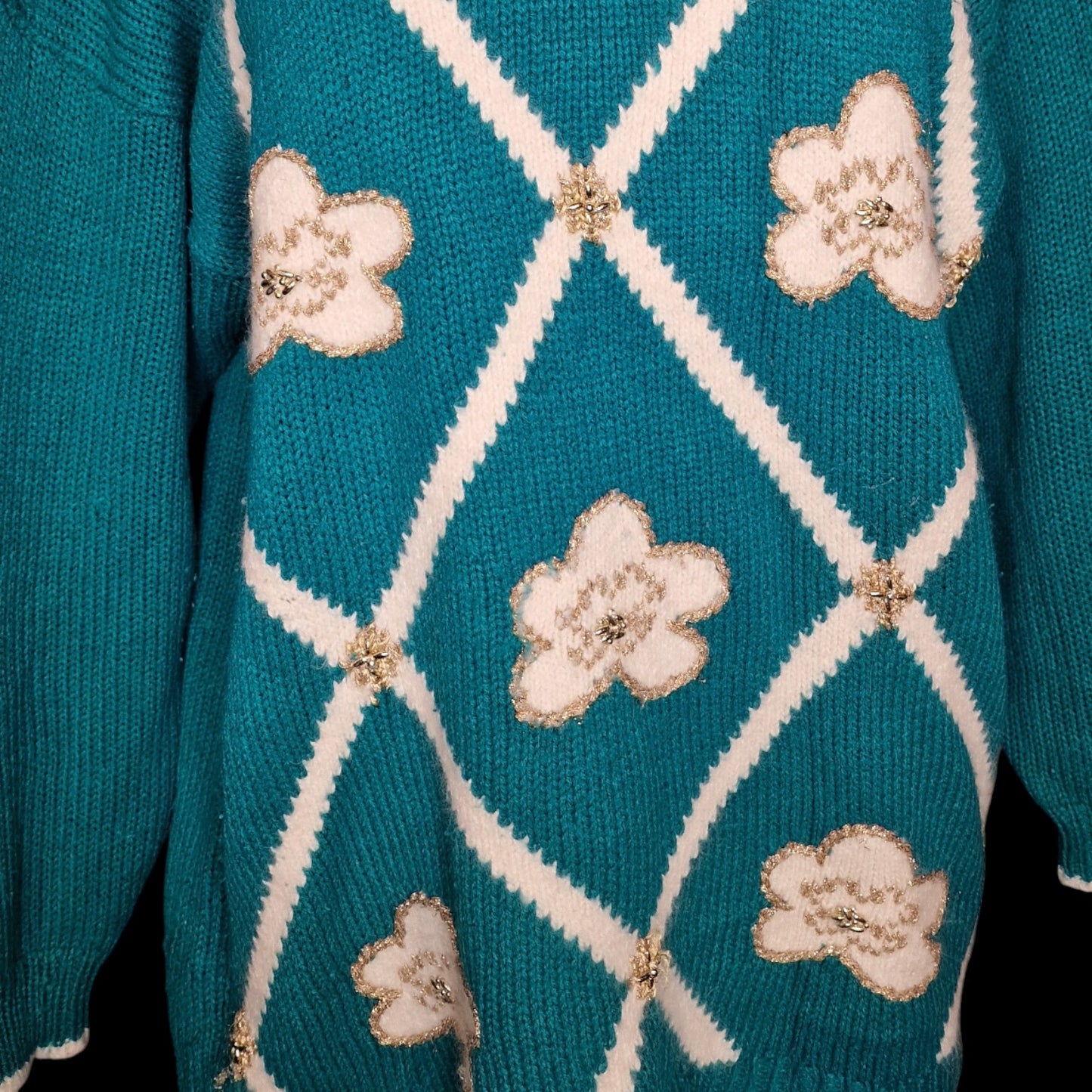 Vintage 90er Pullover Türkis mit Blumenapplikationen "Dana Scott" türkis L