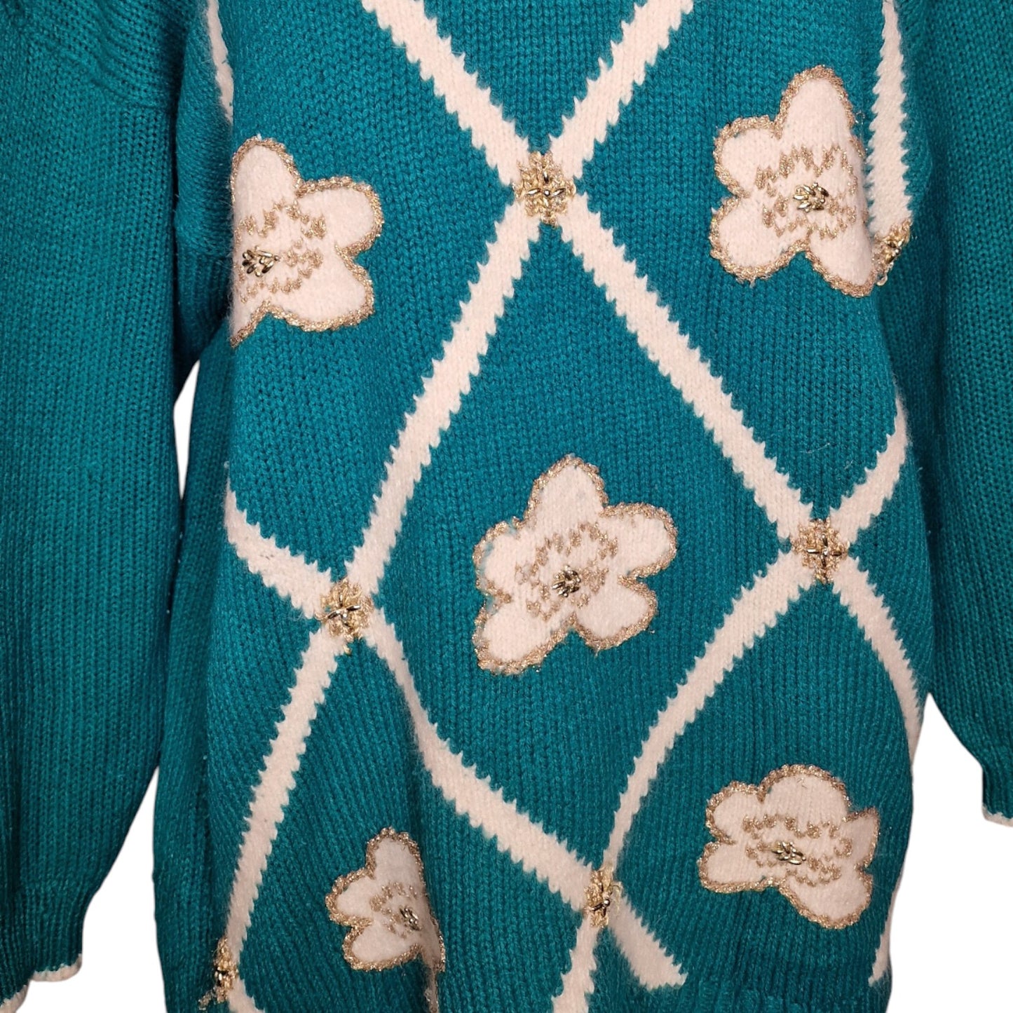 Vintage 90er Pullover Türkis mit Blumenapplikationen "Dana Scott" türkis L