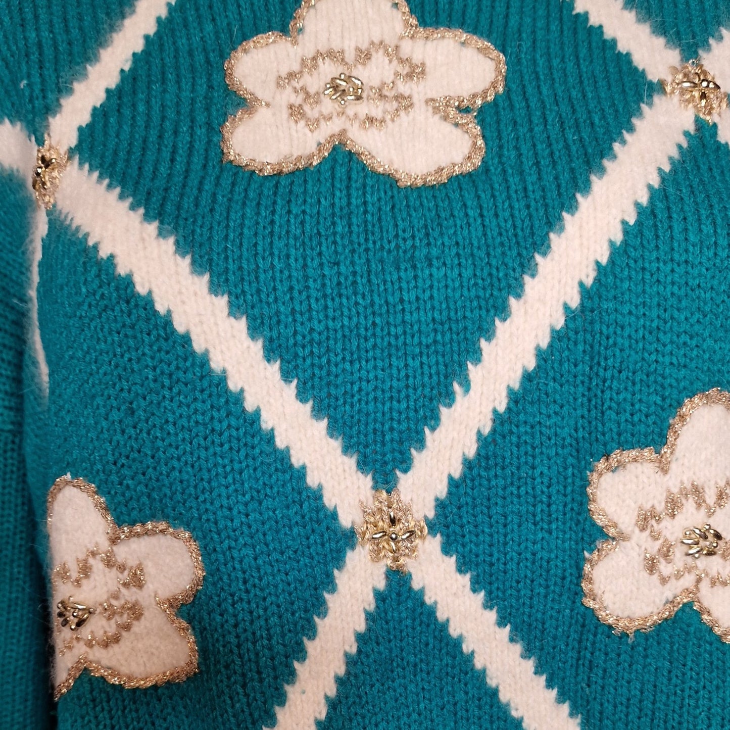 Vintage 90er Pullover Türkis mit Blumenapplikationen "Dana Scott" türkis L