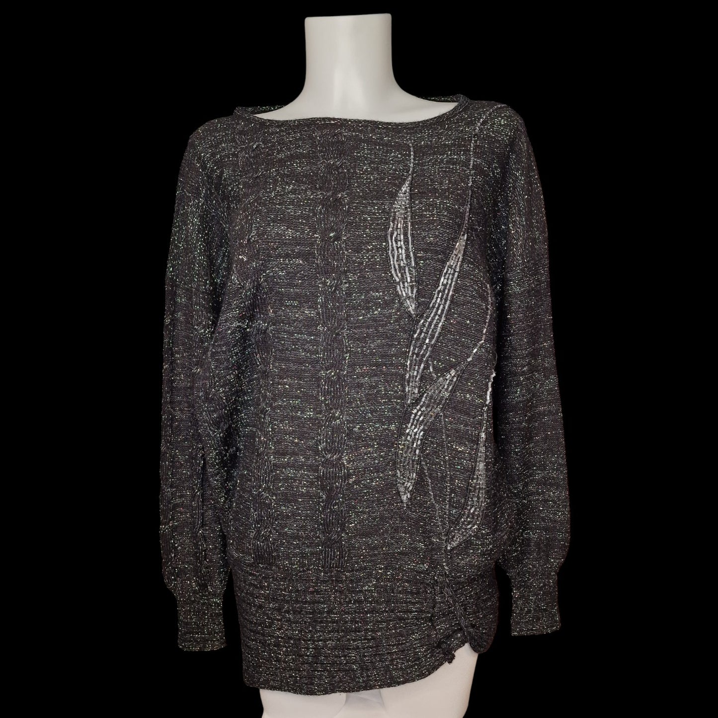 90er Vintage Pullover in schwarz-grau mit Lurex und Pailletten Longpulli