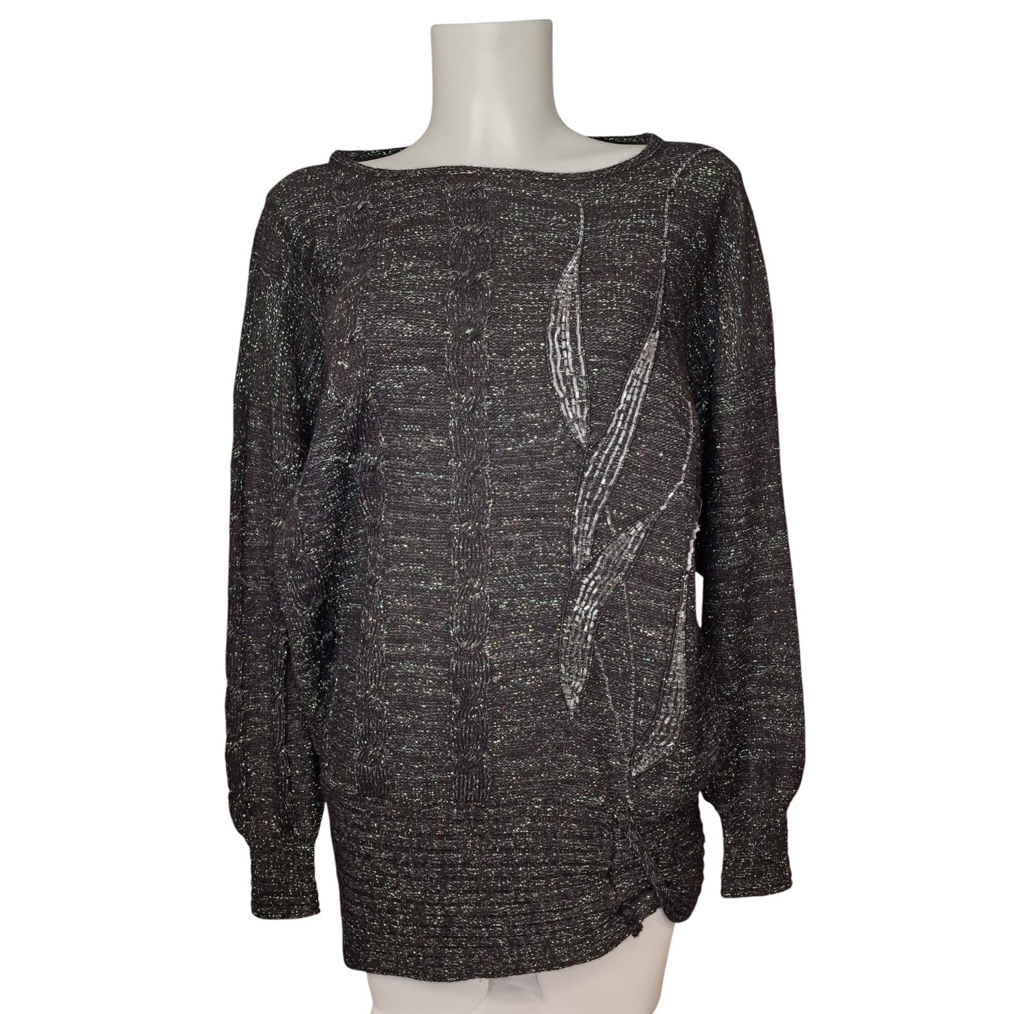 90er Vintage Pullover in schwarz-grau mit Lurex und Pailletten Longpulli